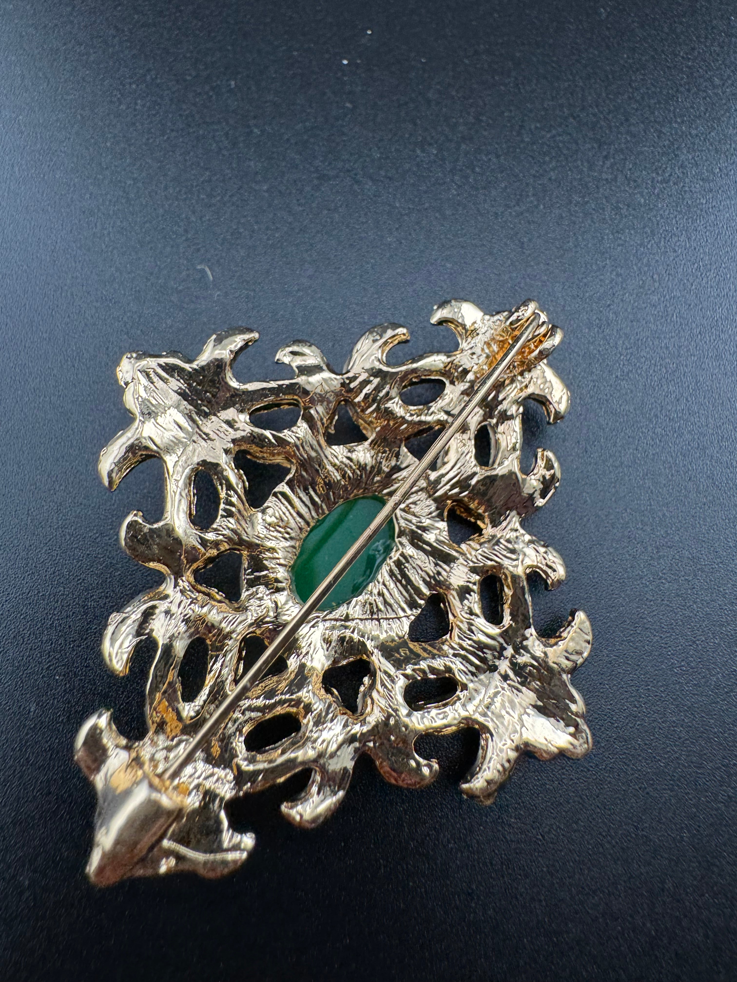 Statement Medieval style gold emerald cabochon rhinestone cross brooch
