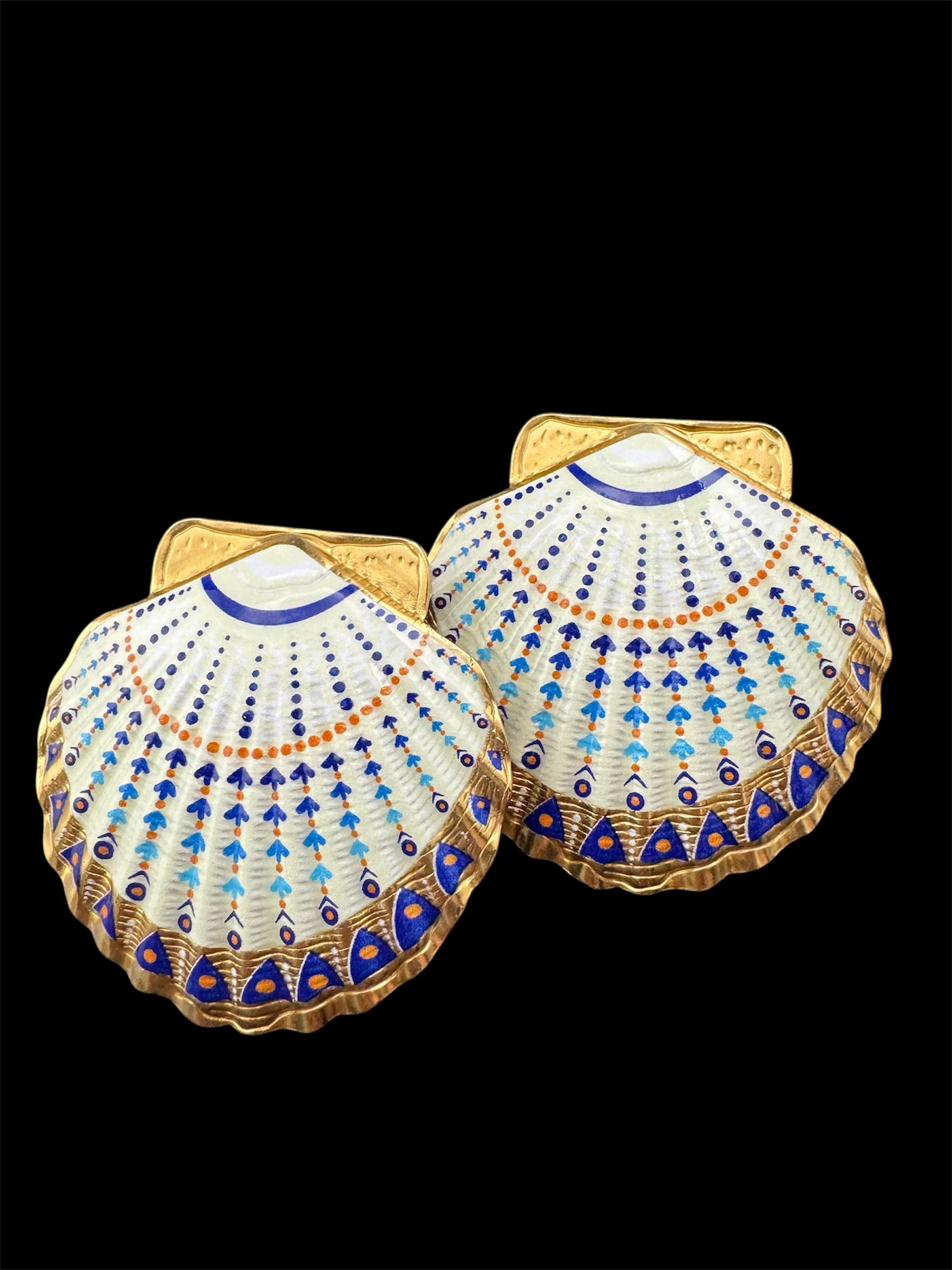 Oversized sea shell enamel earrings for pierced ears turquoise and white