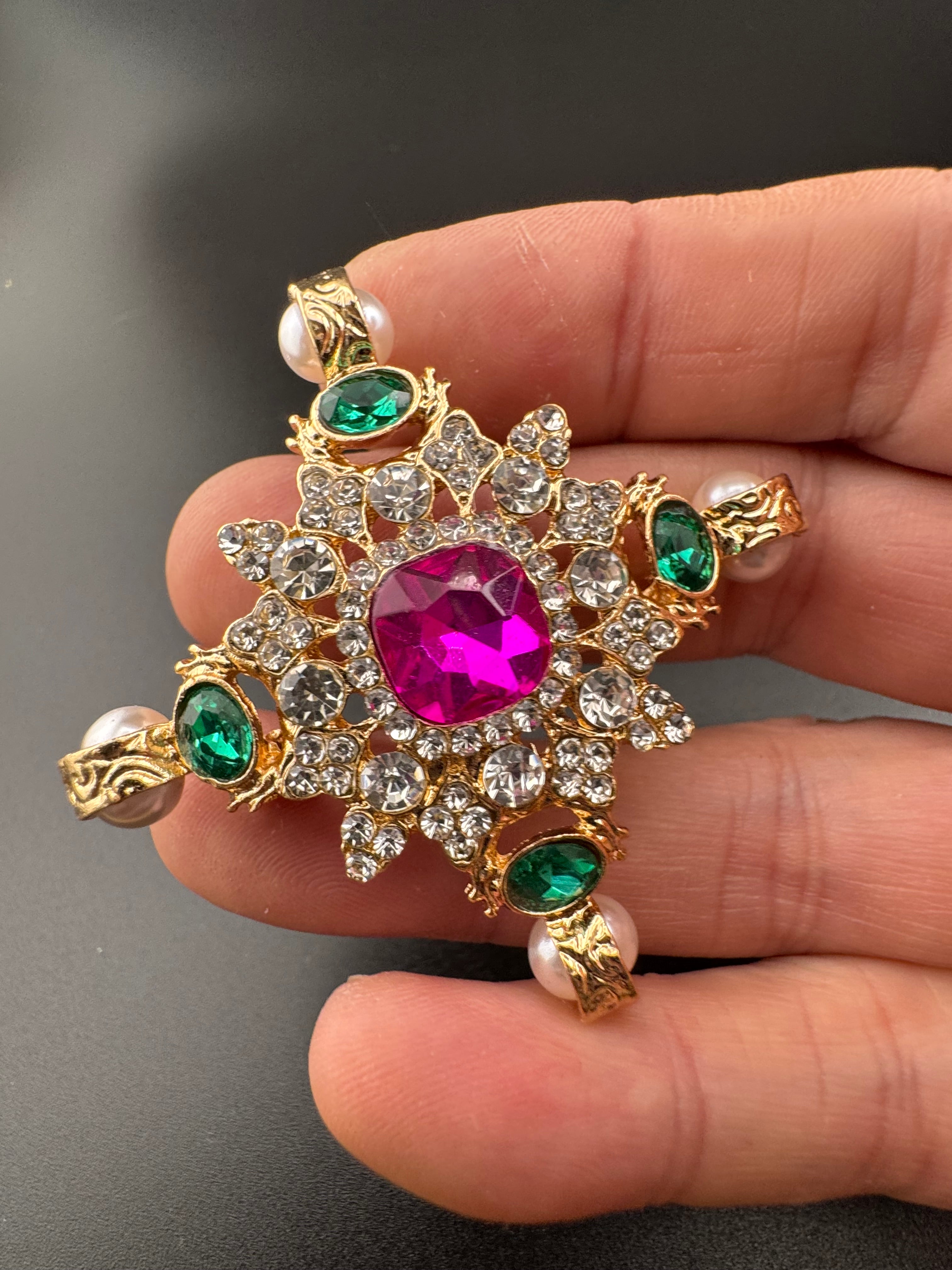 Statement Medieval style gold pink and green rhinestone cross brooch