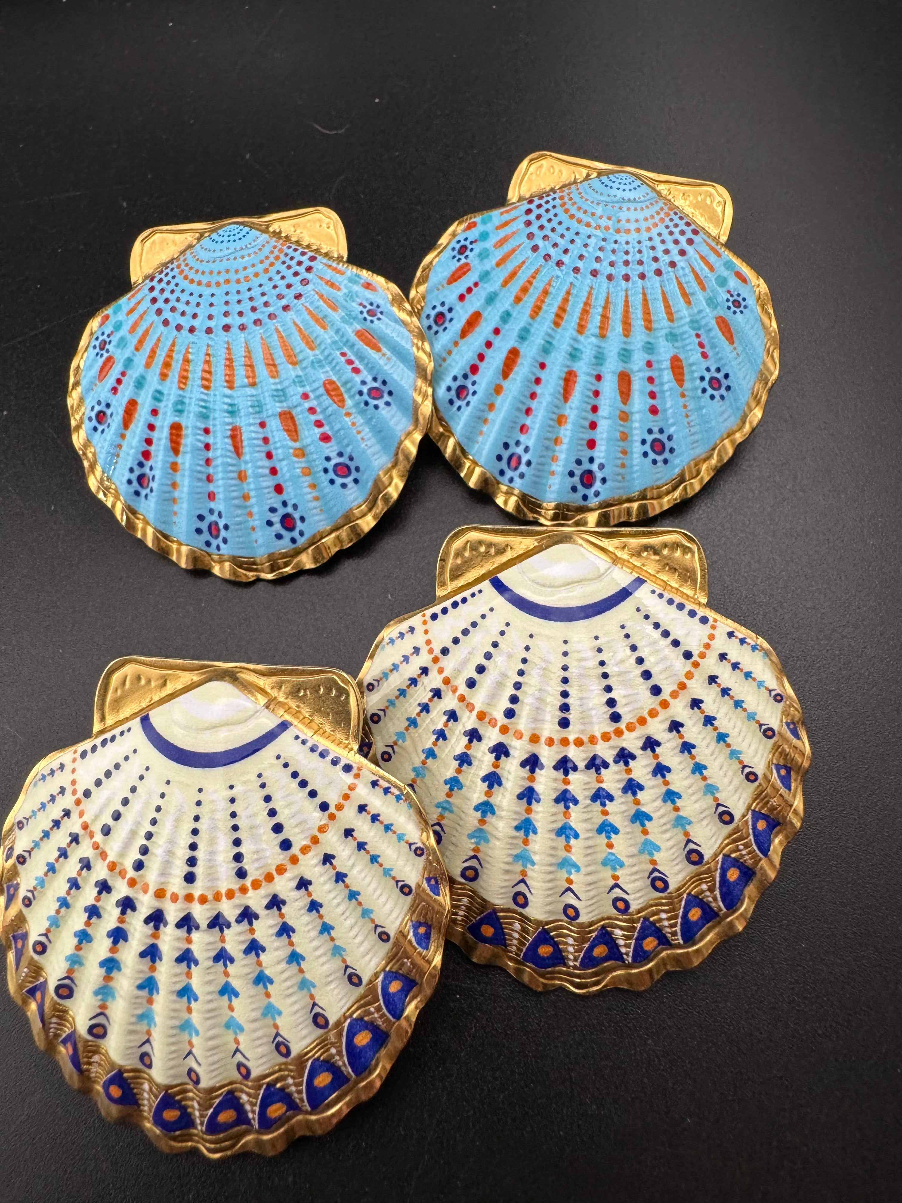 Oversized sea shell enamel earrings for pierced ears turquoise and white