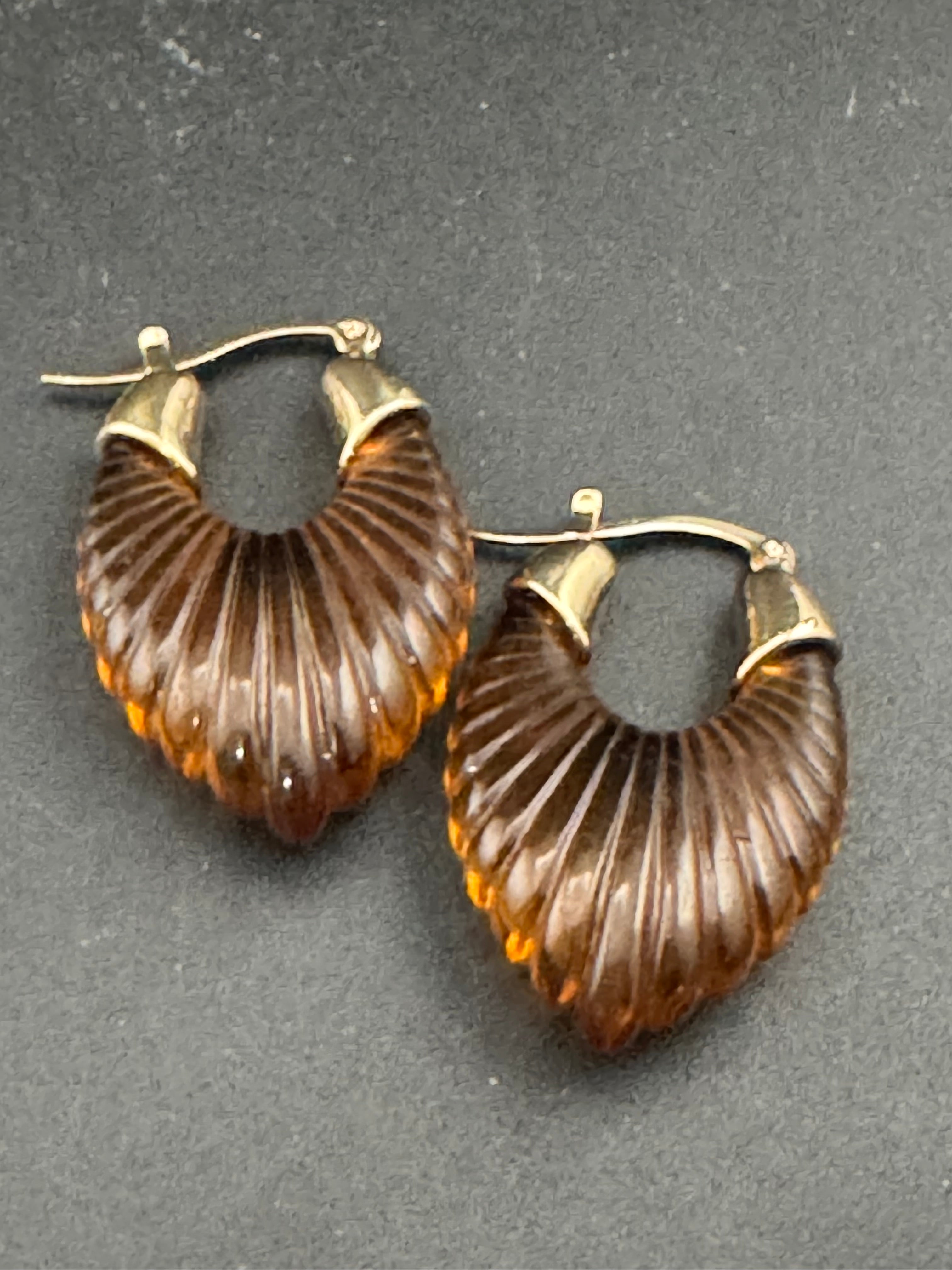 Brown acrylic gold tone pierced drop hoop earrings