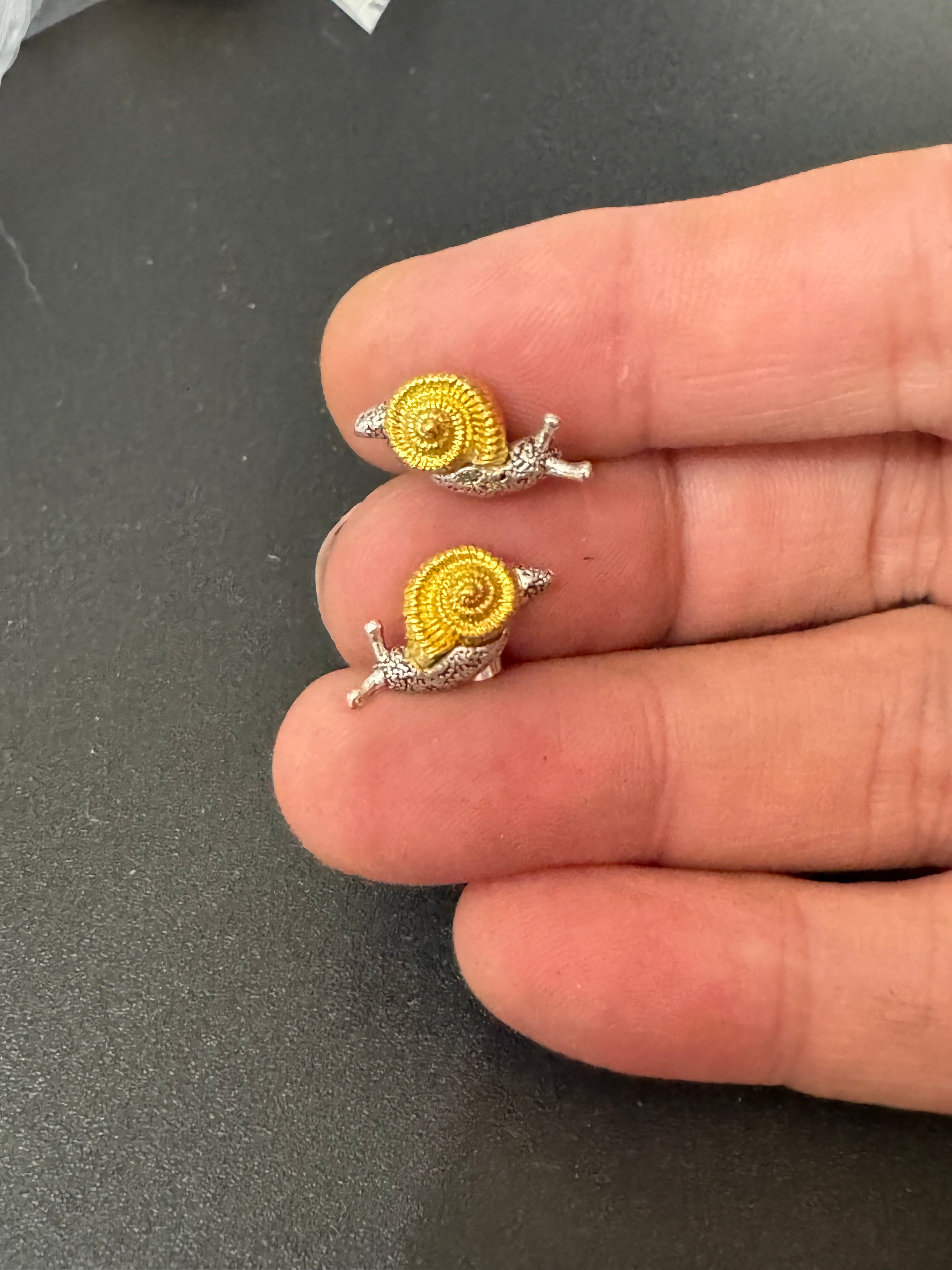 Small cute snail stud earrings for pierced ears gold and silver tone