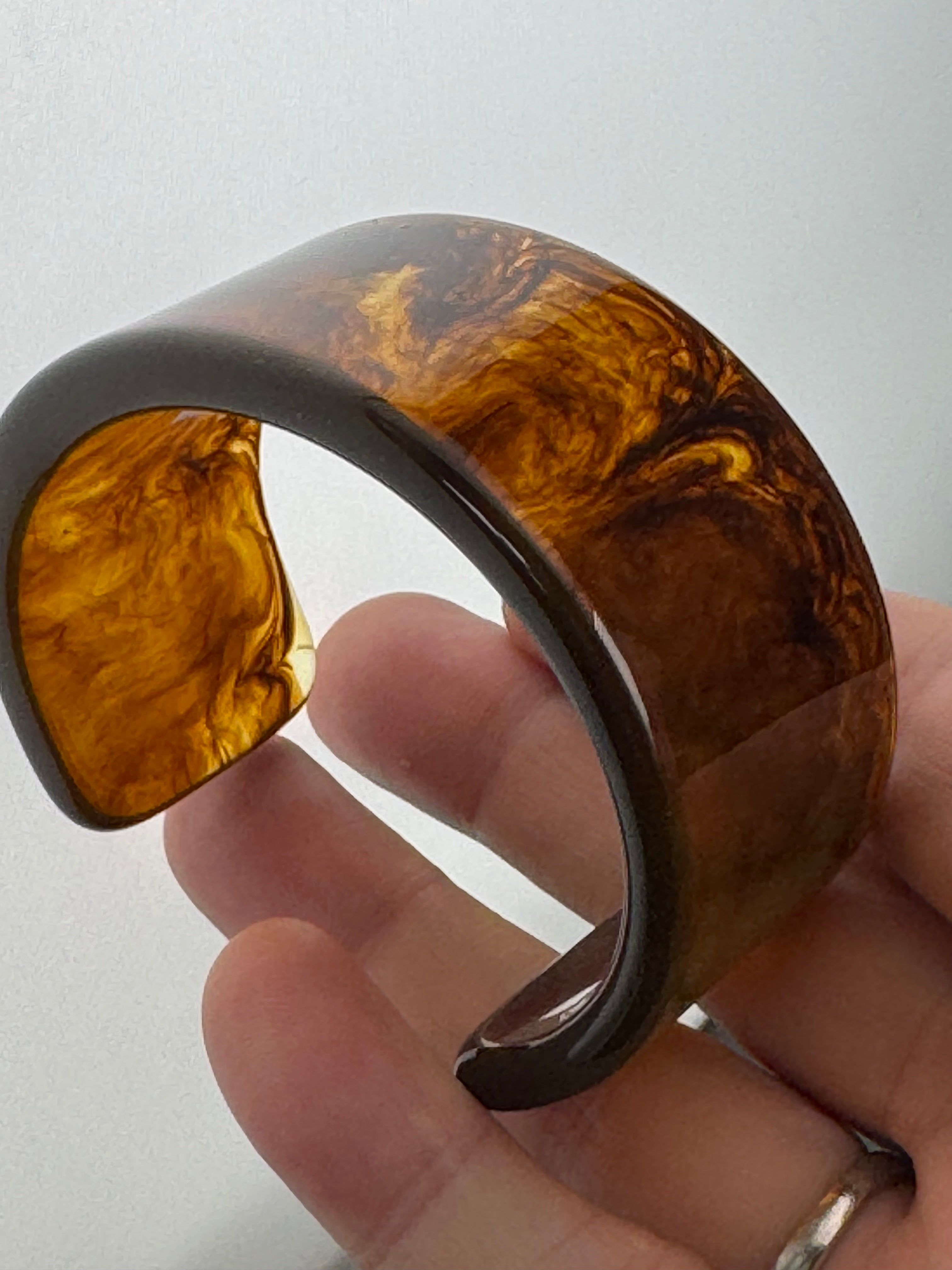 Wide acrylic brown faux tortoiseshell open cuff bangle bracelet