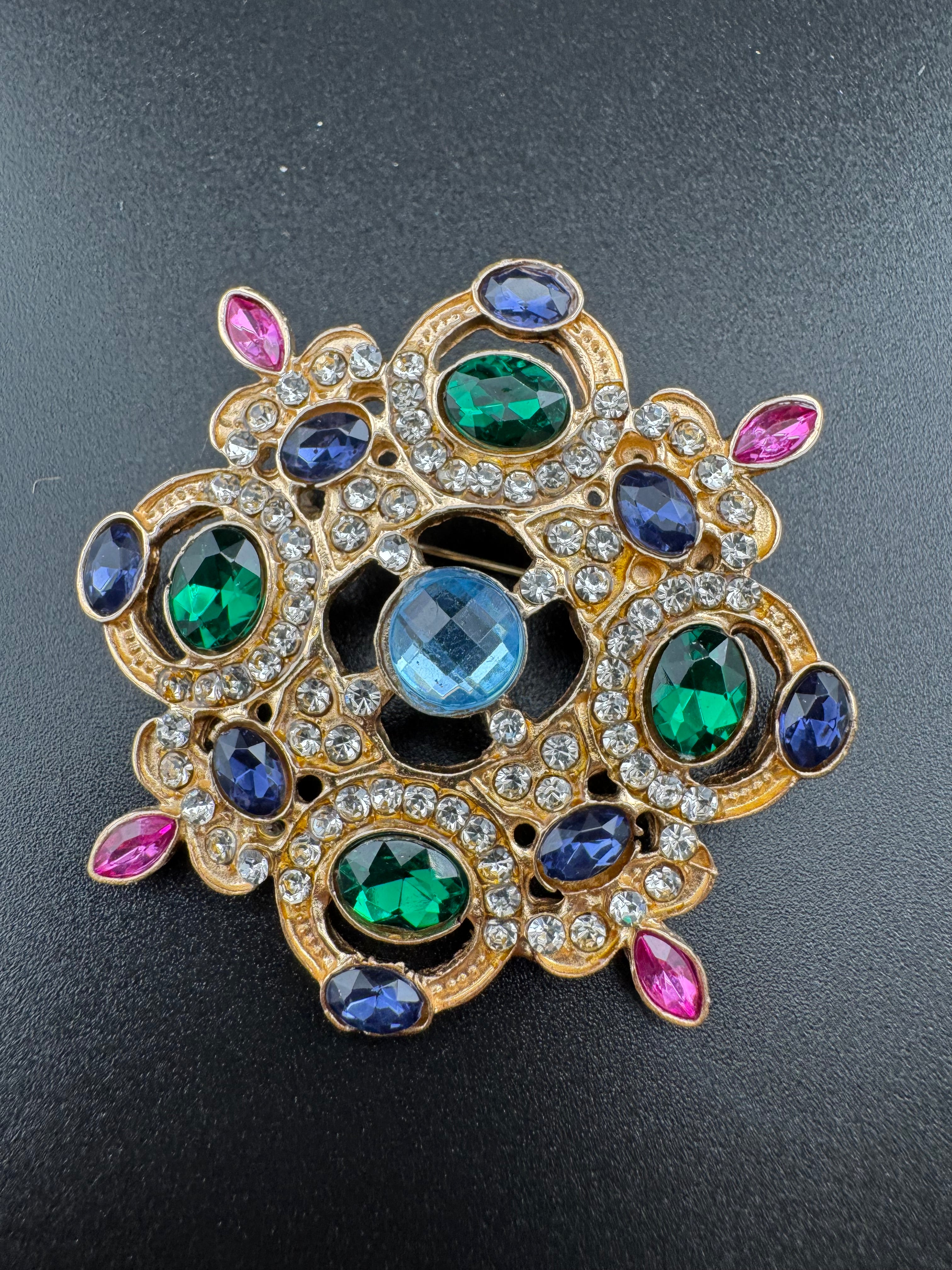 Statement Medieval style gold emerald and sapphire rhinestone cross brooch