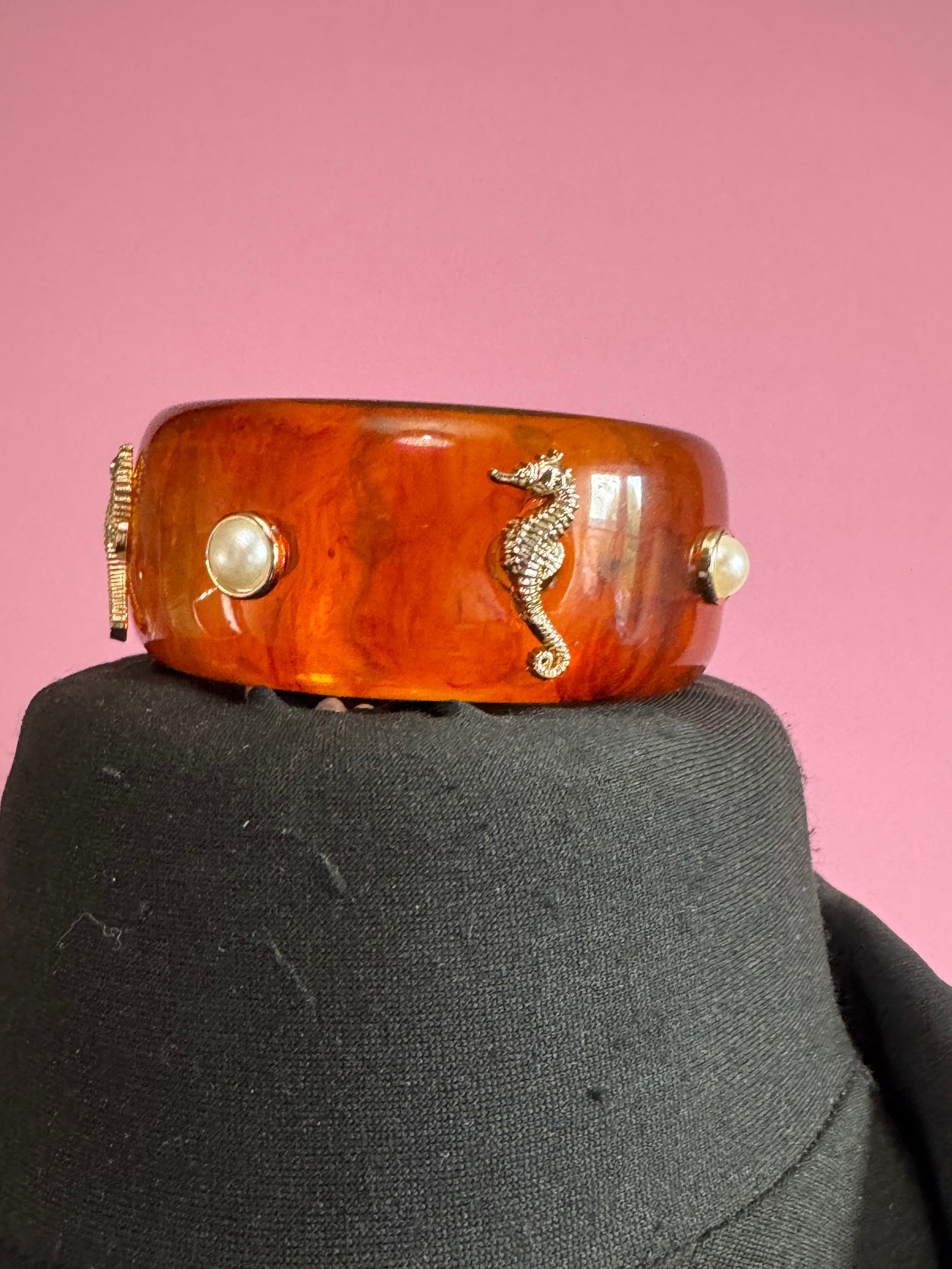 Nautical gold seahorse faux tortoiseshell wide brown acrylic pearl plastic bangle bracelet