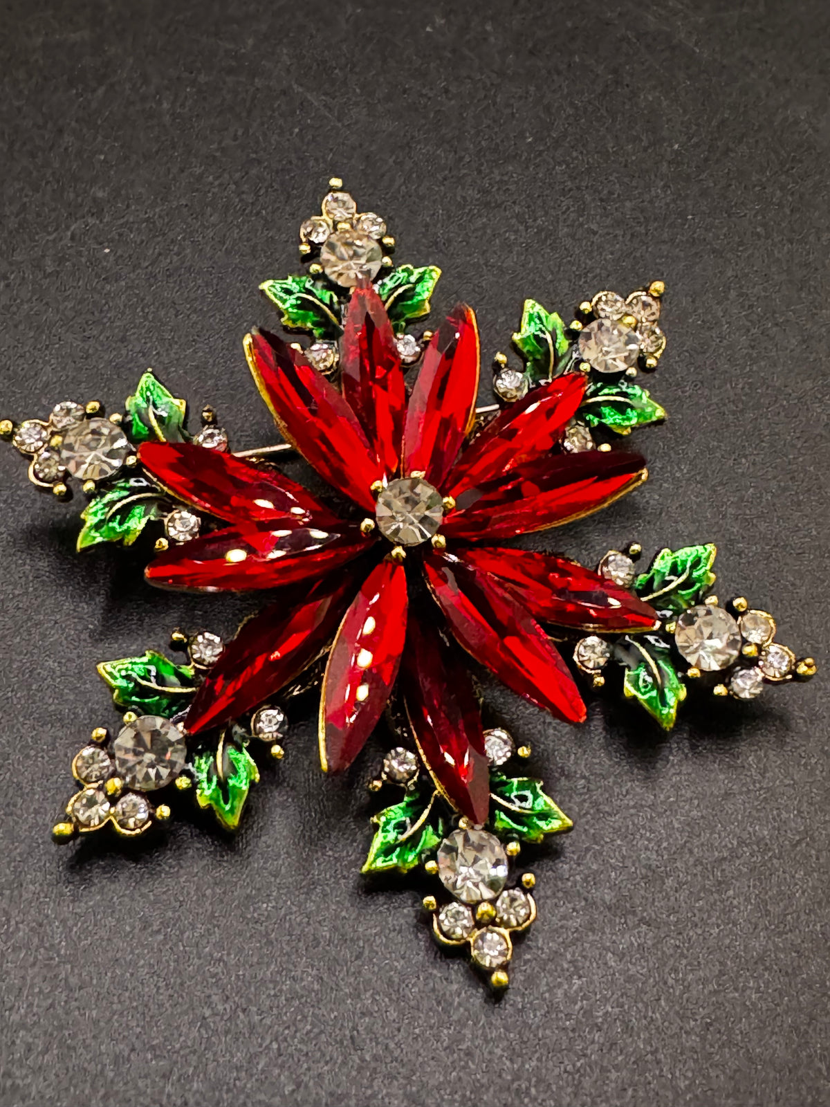 Christmas poinsettia rhinestone flower brooch, red ,green and gold tone festive jewellery