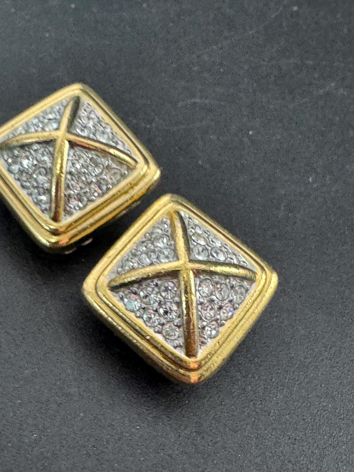 Grosse Vintage Clip Earrings Signed Square Rhinestone, Gold 17Mm