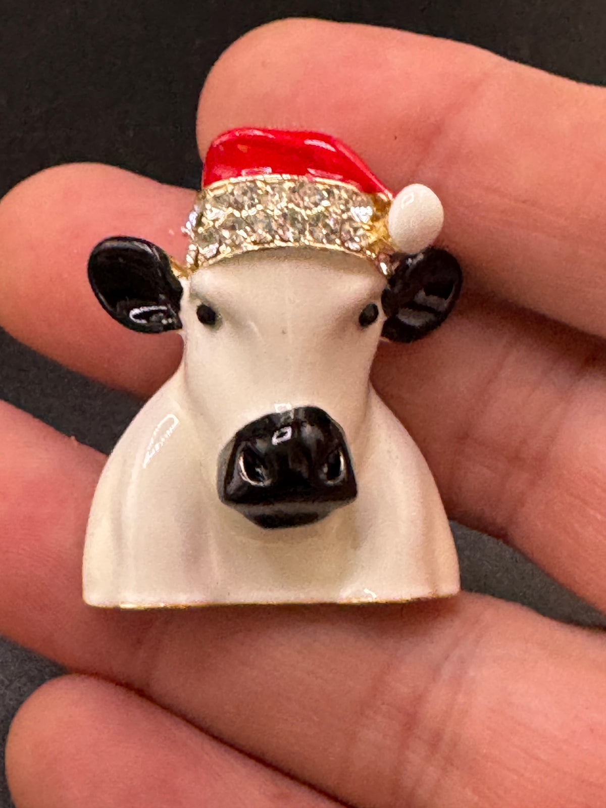 Christmas cow brooch, white enamel novelty Christmas hat with rhinestones, festive jewellery