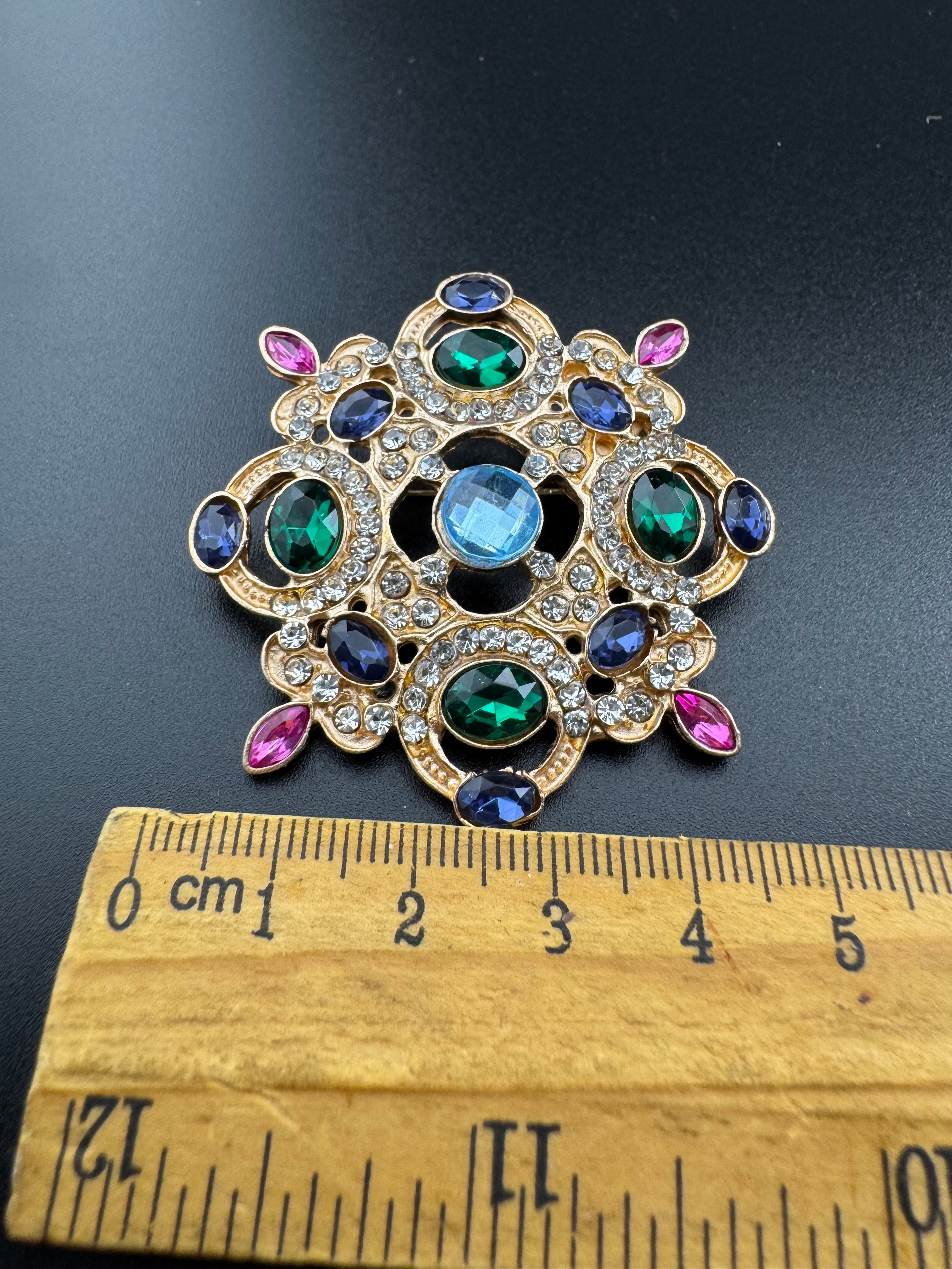 Statement Medieval style gold emerald and sapphire rhinestone cross brooch