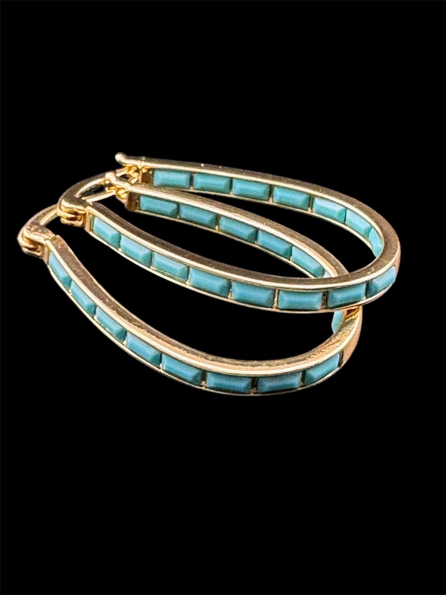 Turquoise blue gold tone oval hoop earrings