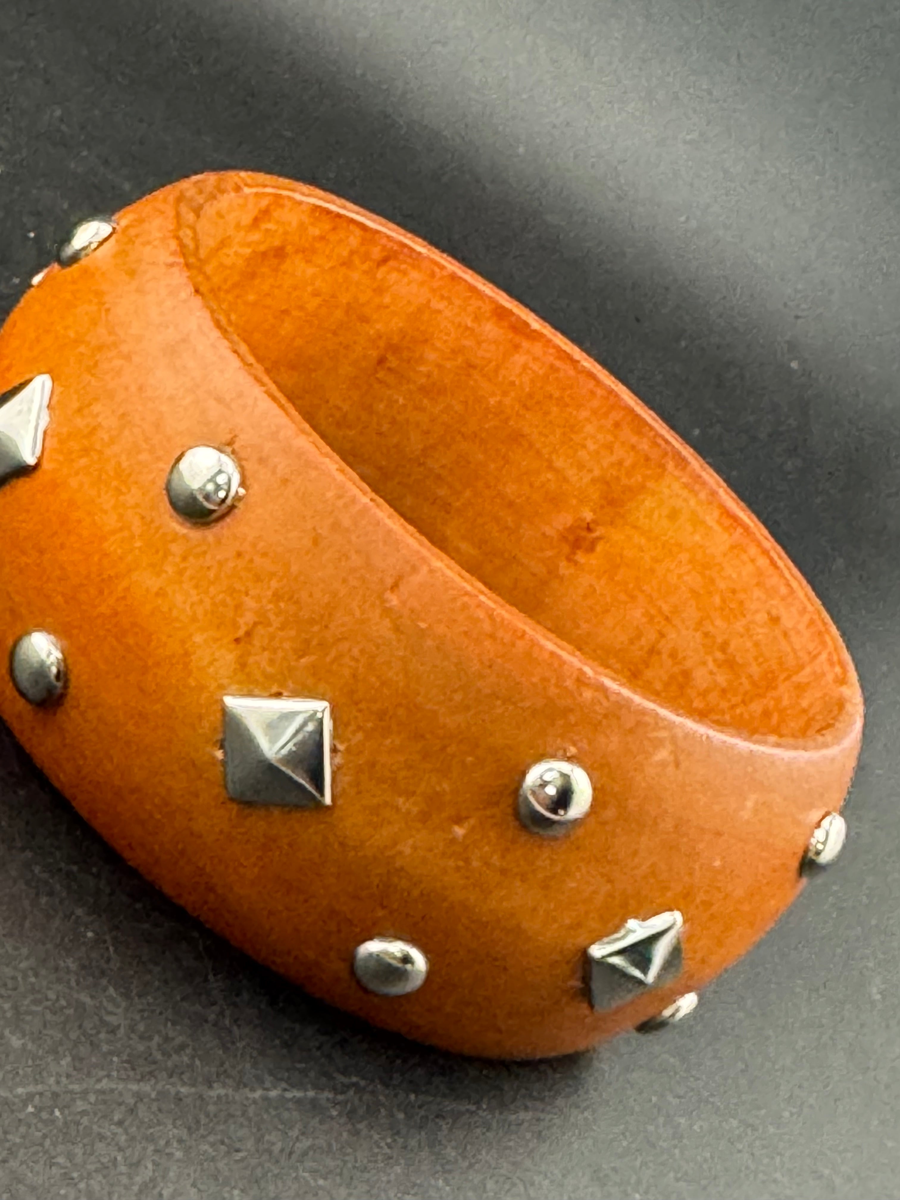 Oversized wide designed silver metal studded wooden bangle