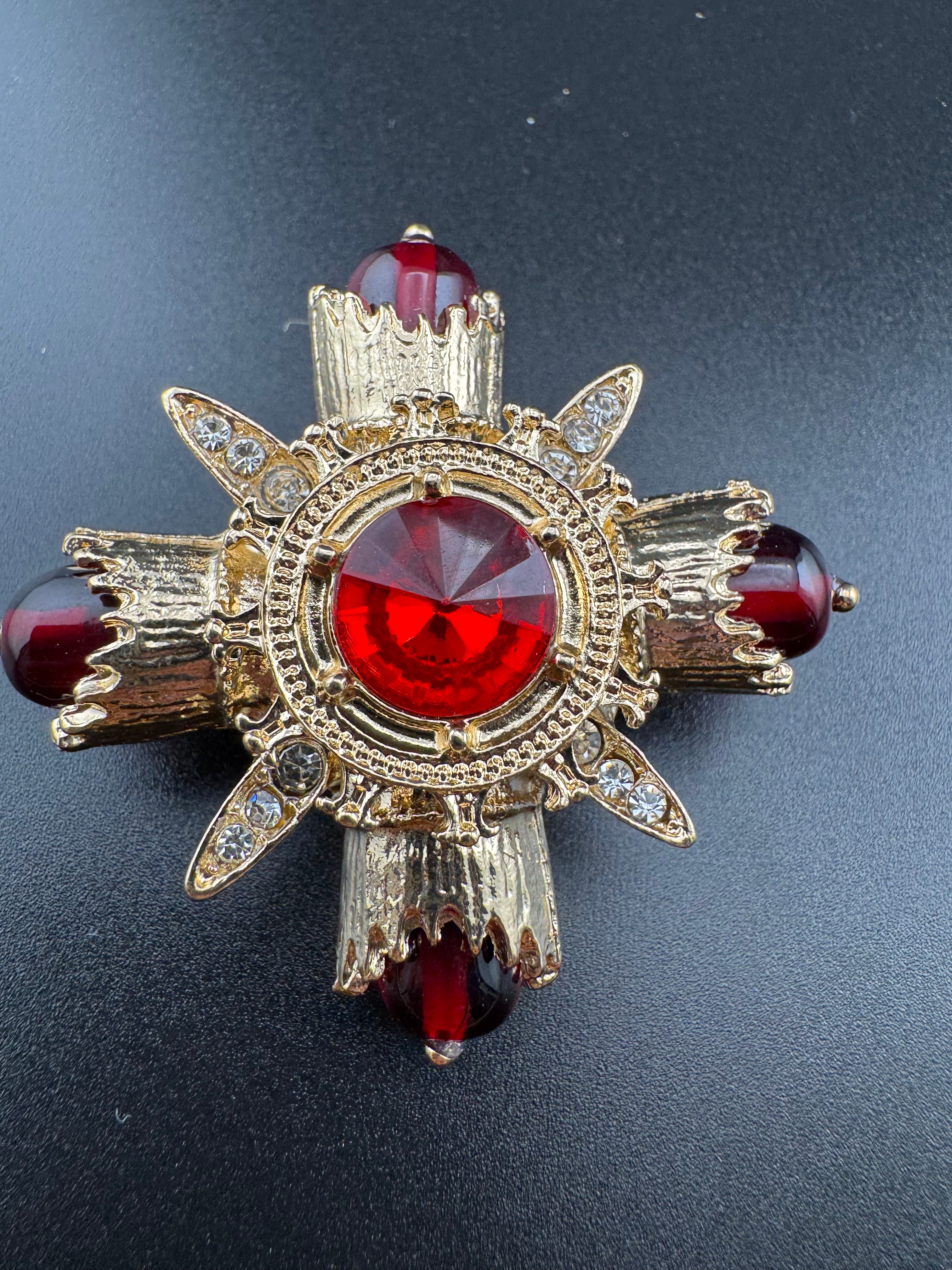 Statement Medieval style gold ruby rhinestone cross brooch