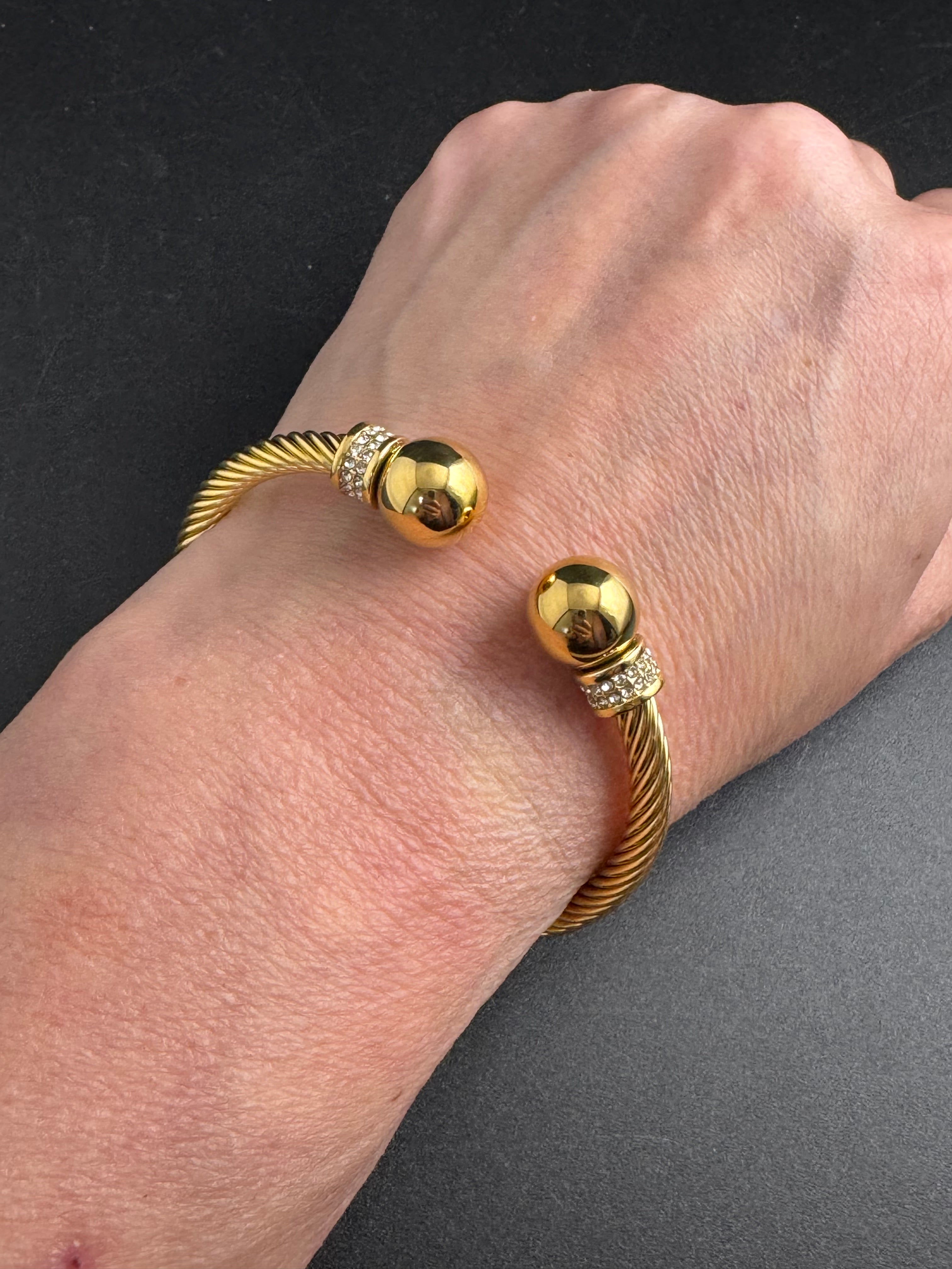 Etruscan style open twisted rhinestone torque cuff bangle gold tone