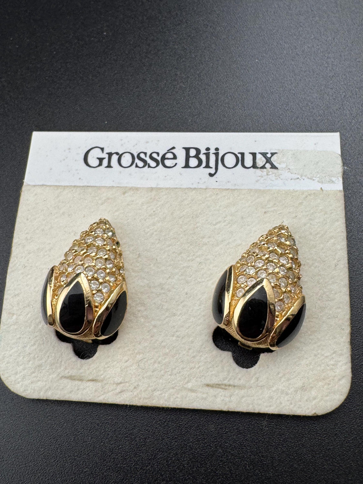 Grosse Clip On Earrings, Gold Plated, Black Enamel, Rhinestone, Unused