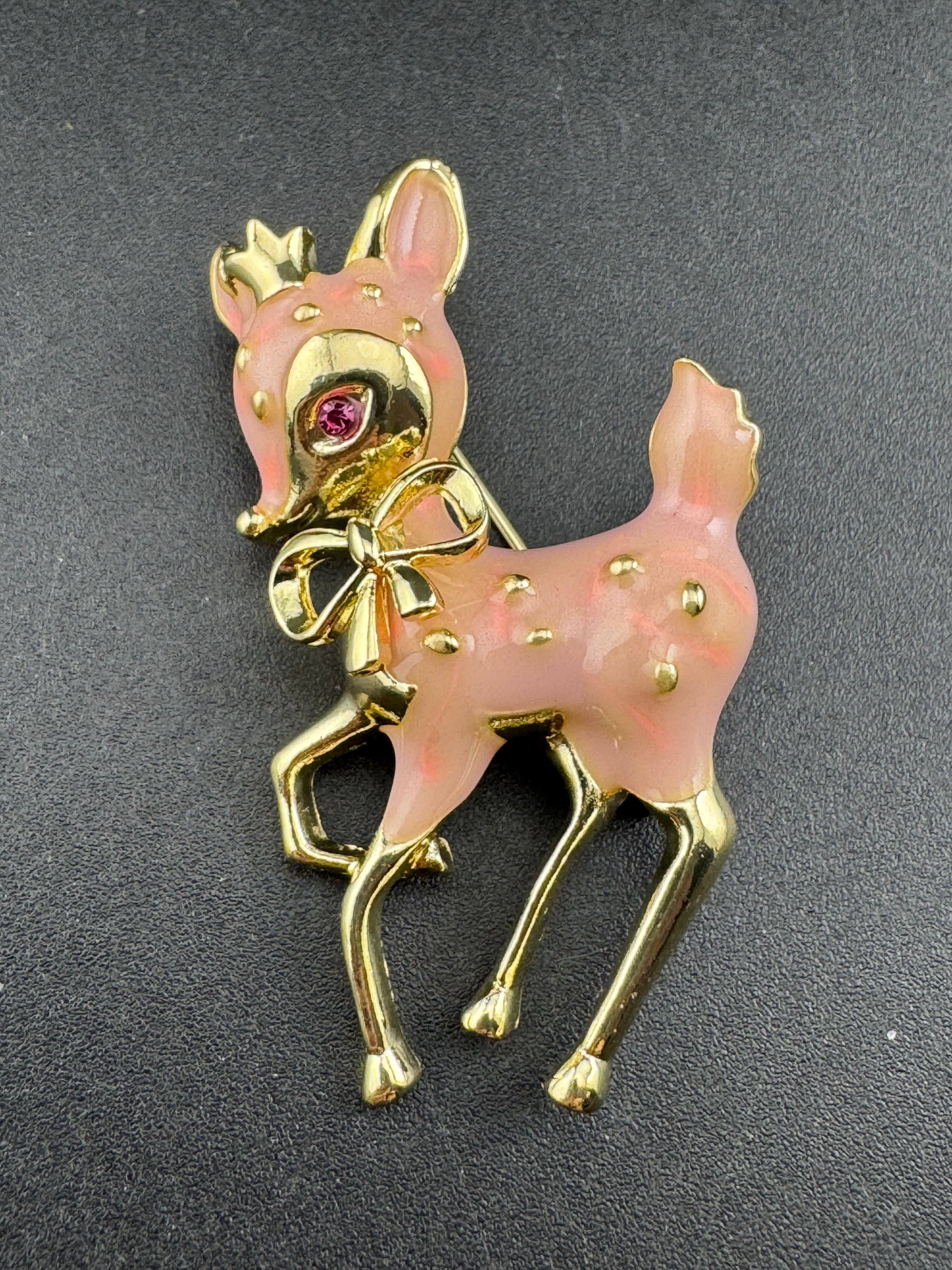 Cute pink Enamel deer Fawn Christmas brooch , woodland animal