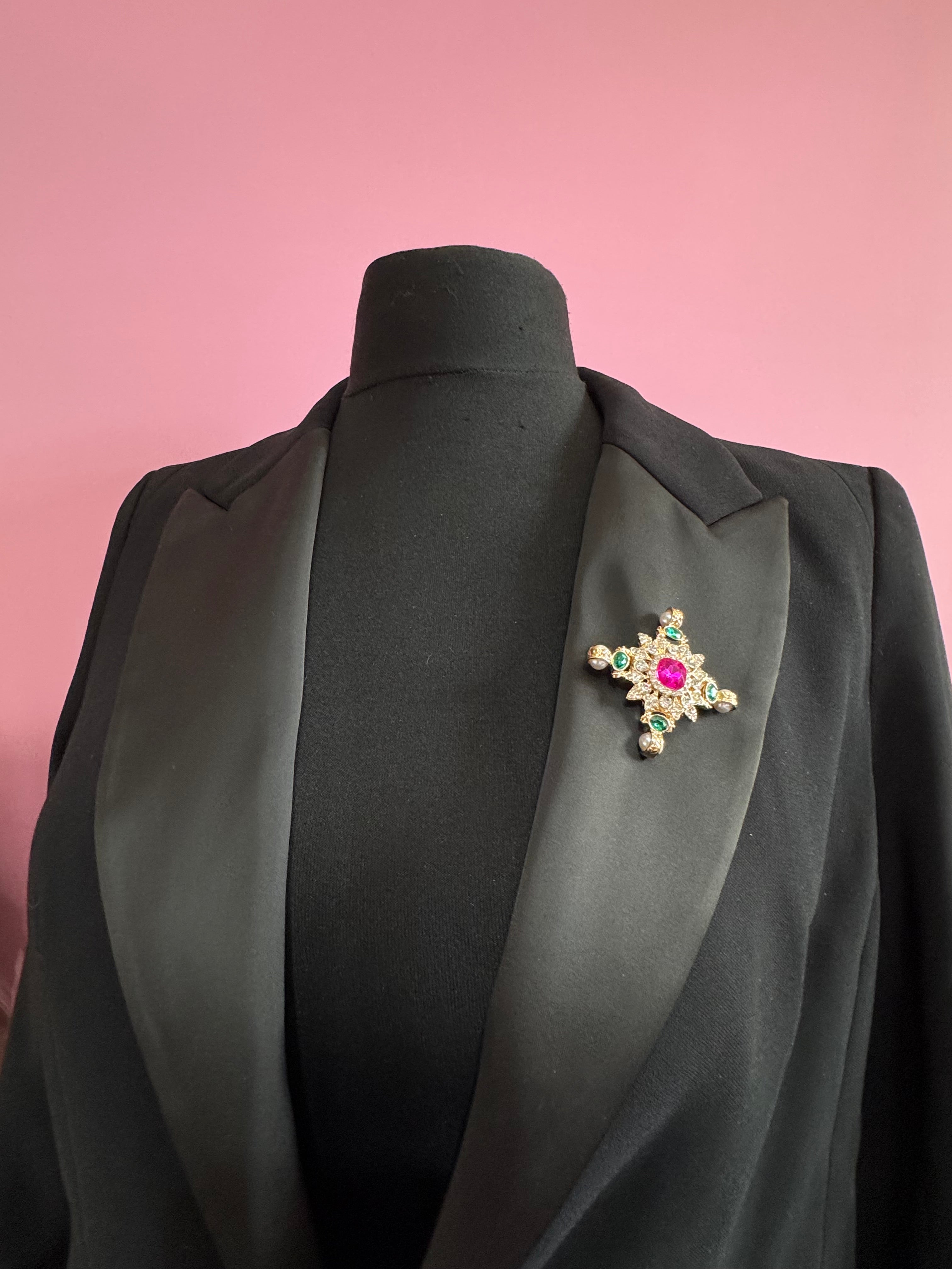 Statement Medieval style gold pink and green rhinestone cross brooch
