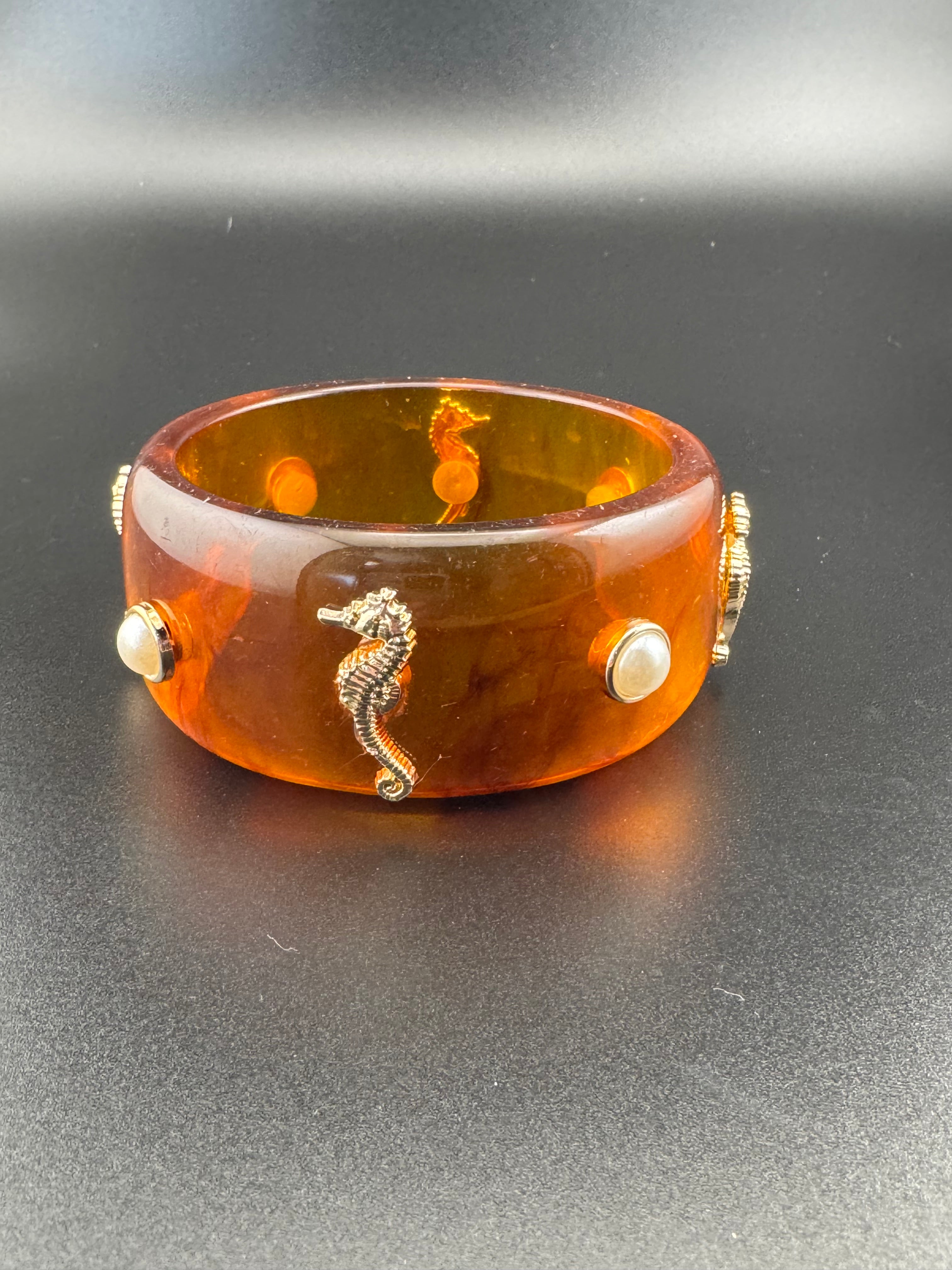 Nautical gold seahorse faux tortoiseshell wide brown acrylic pearl plastic bangle bracelet