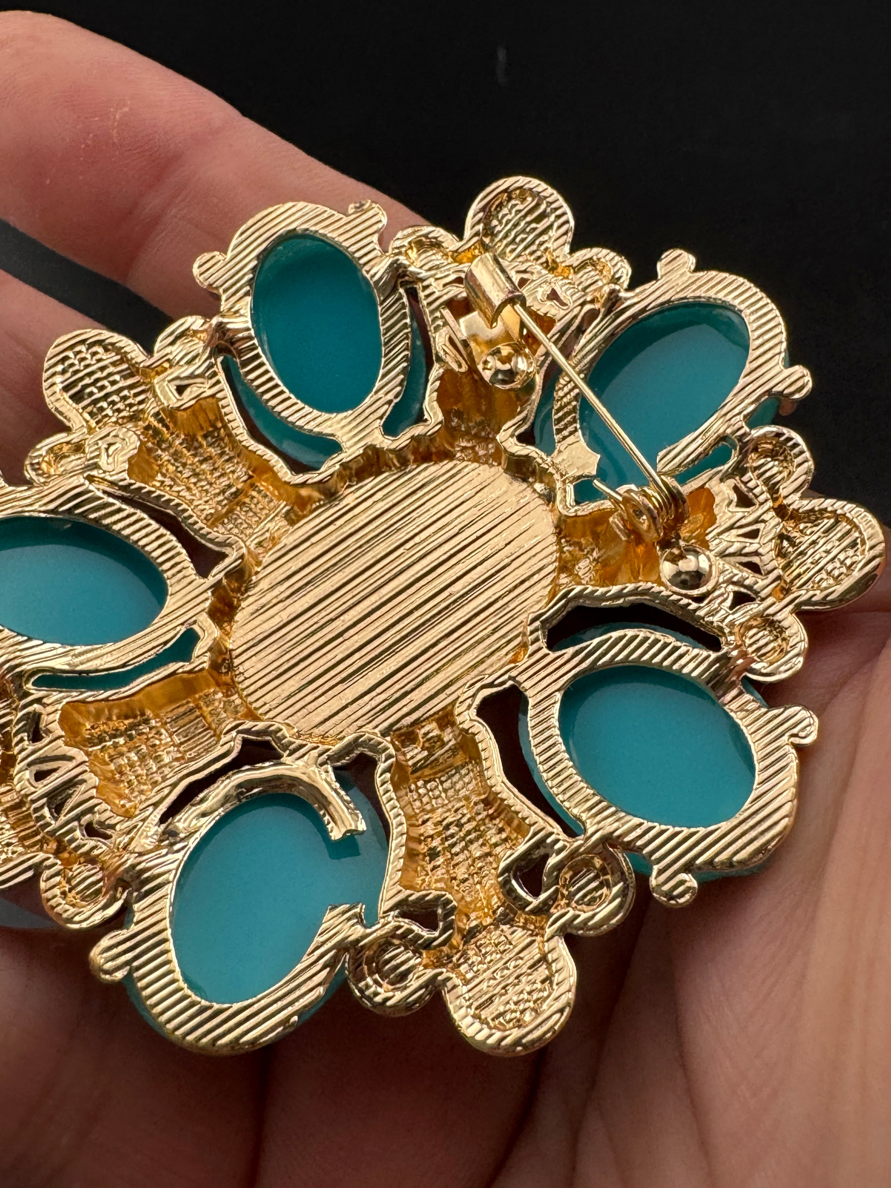 turquoise, sapphire and pearl oversized cabochon diamanté brooch