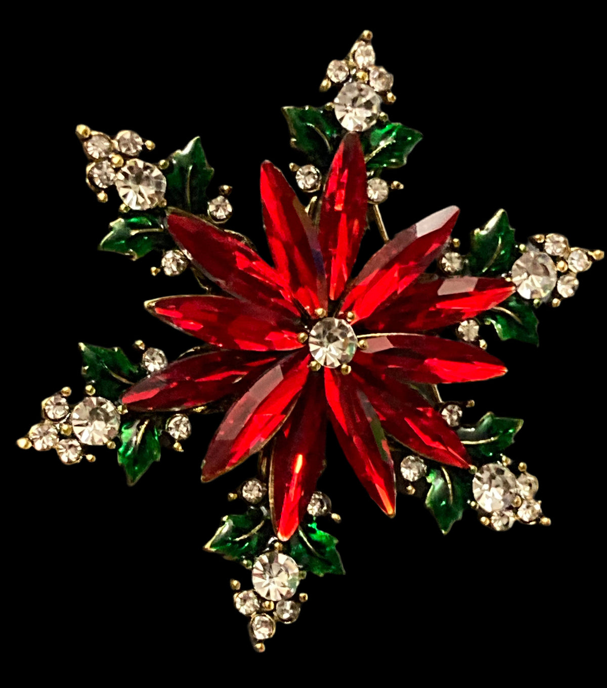 Christmas poinsettia rhinestone flower brooch, red ,green and gold tone festive jewellery