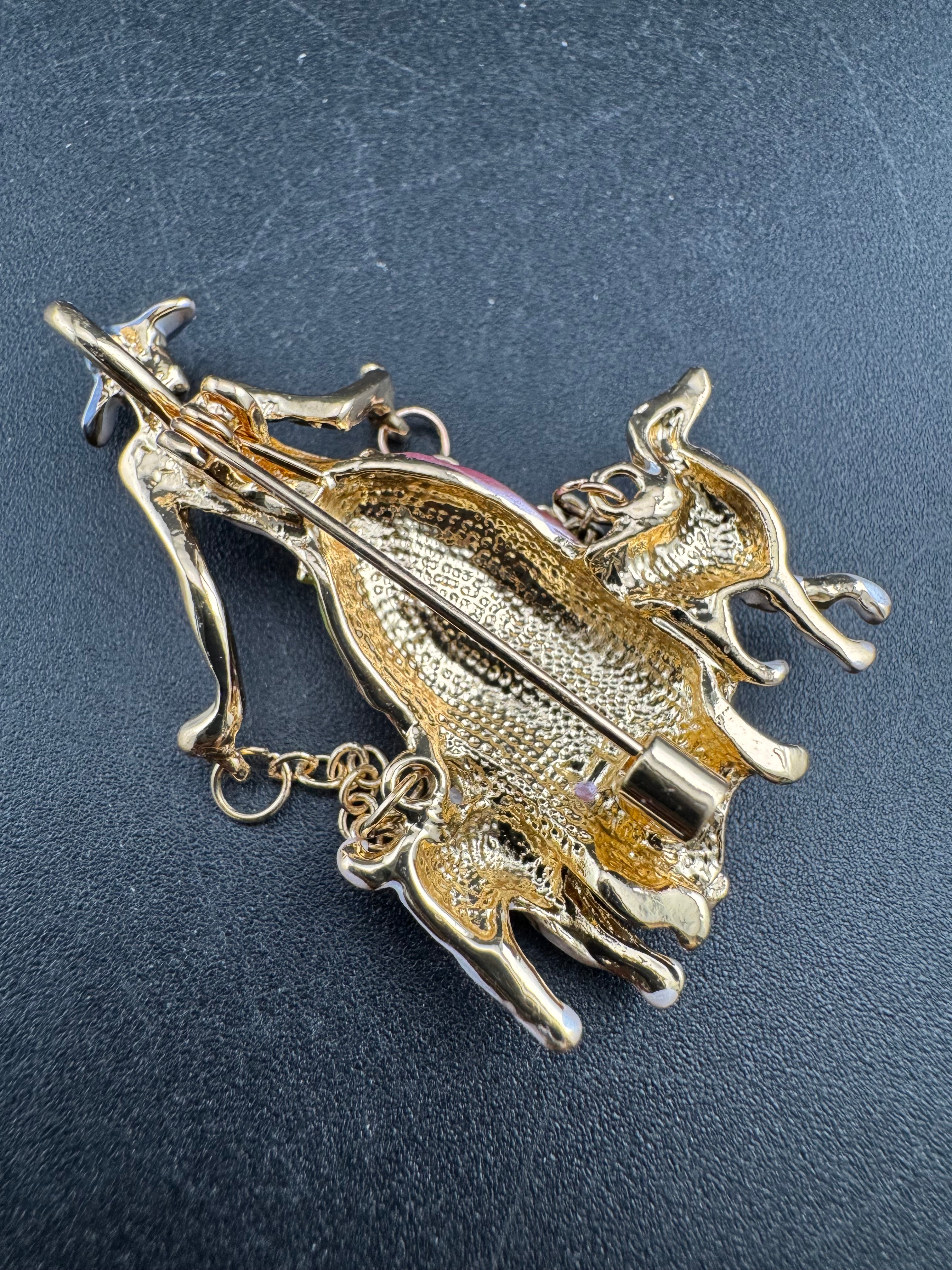 Pink art deco lady with french poodle dogs on leads brooch