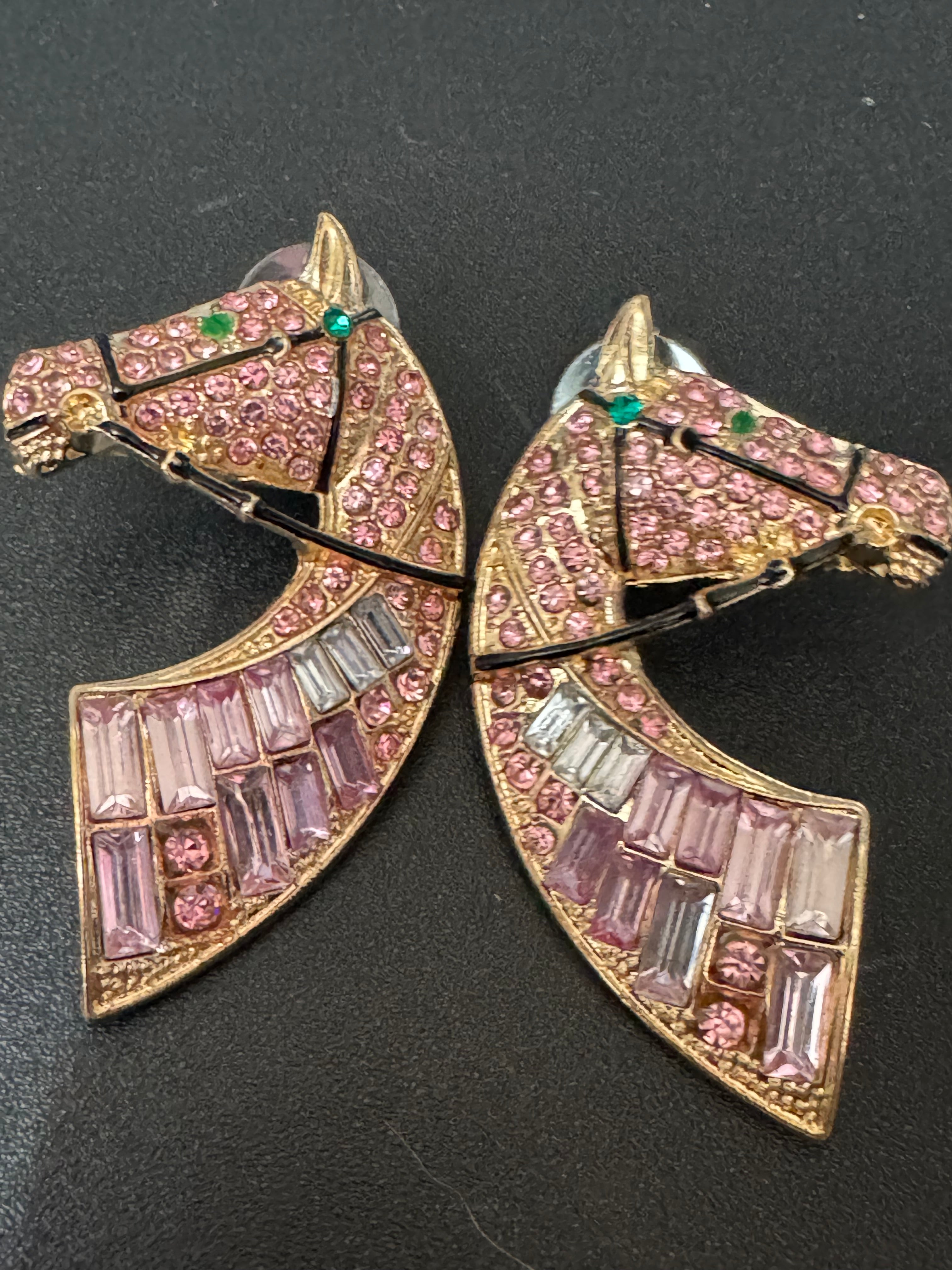 Oversized novelty horse head earrings pink crystal baguette diamanté pierced studs