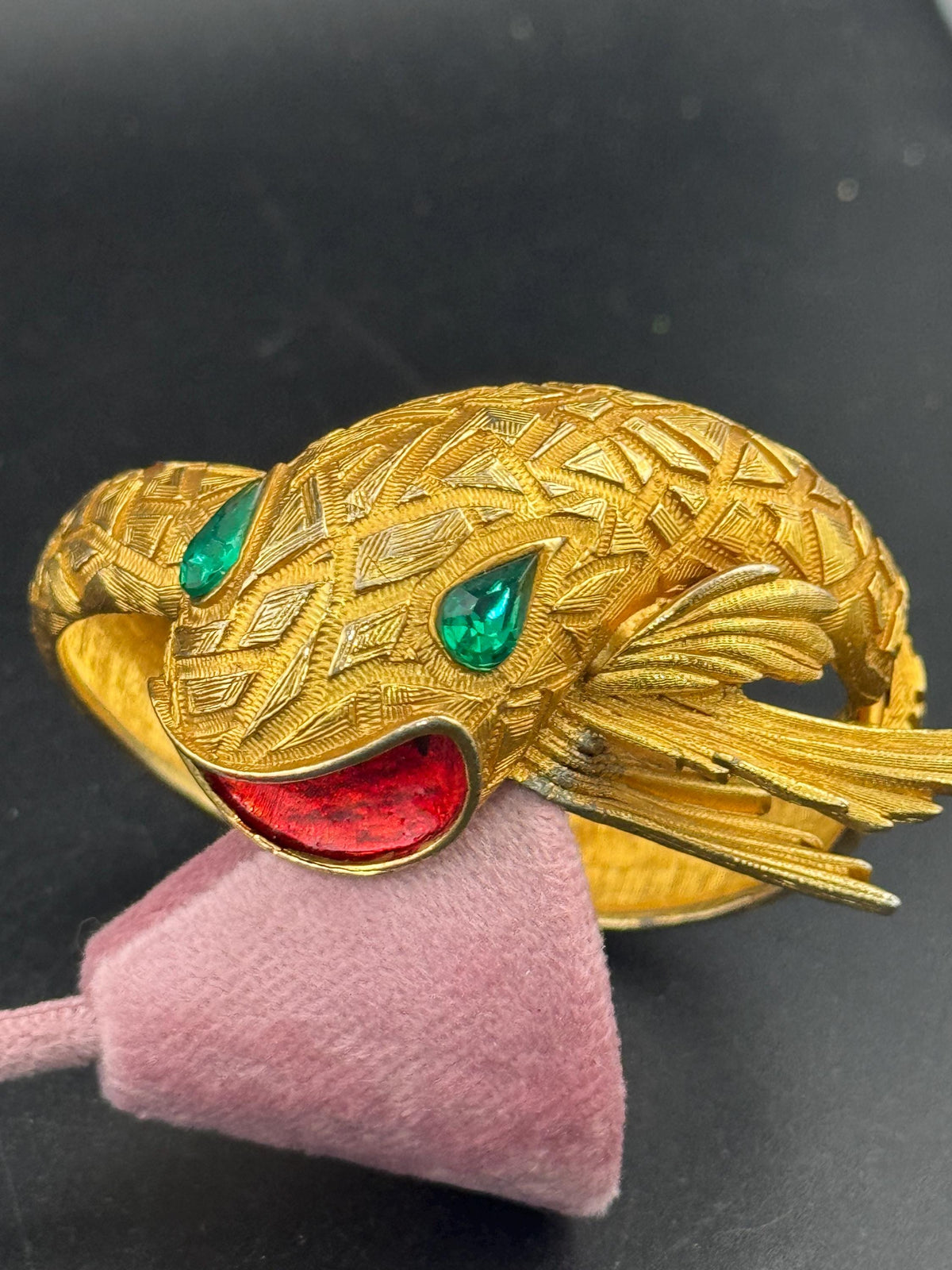 Vintage Serpent Bangle - Red Enamel, Emerald Rhinestones, Gold