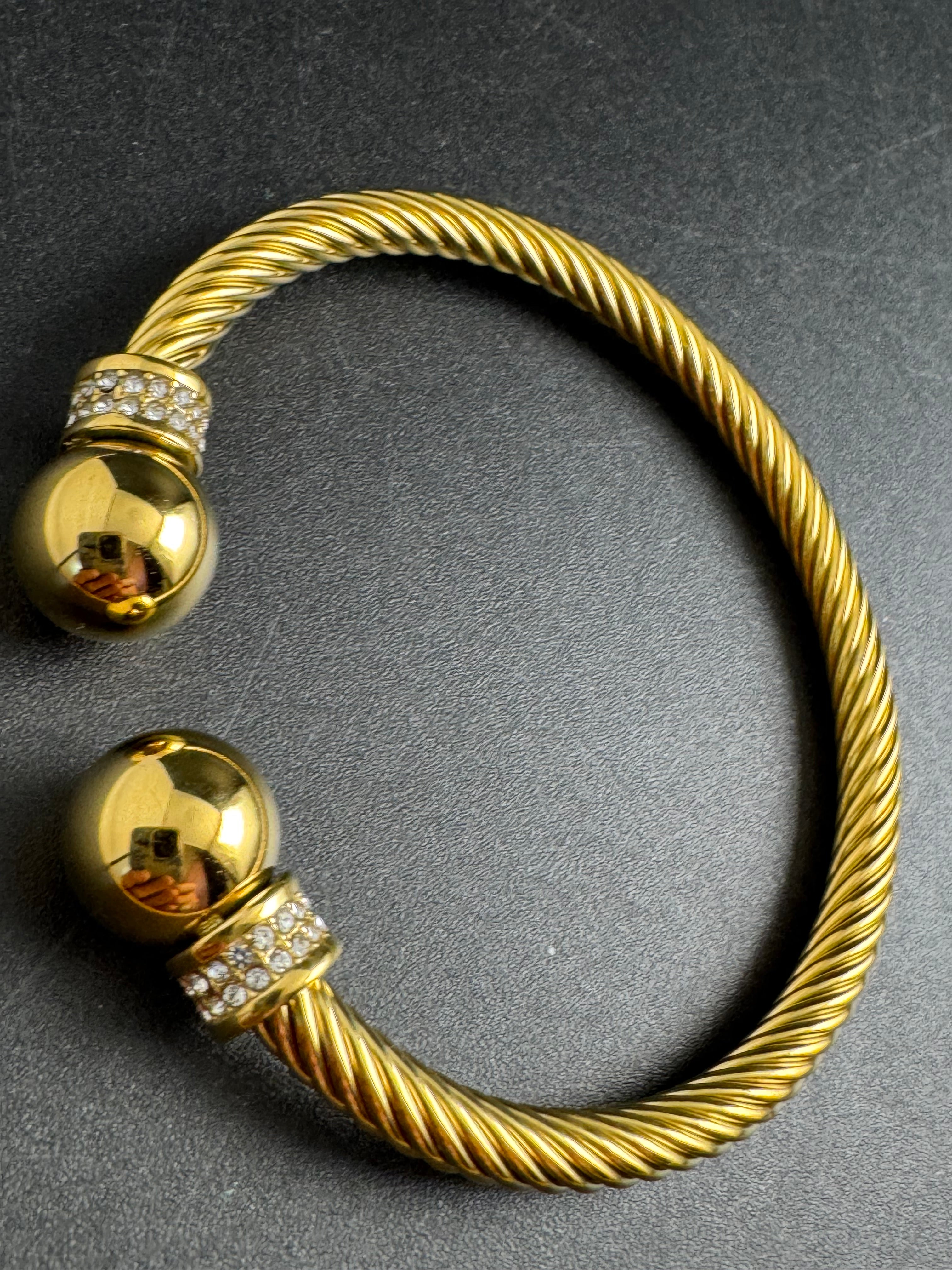Etruscan style open twisted rhinestone torque cuff bangle gold tone