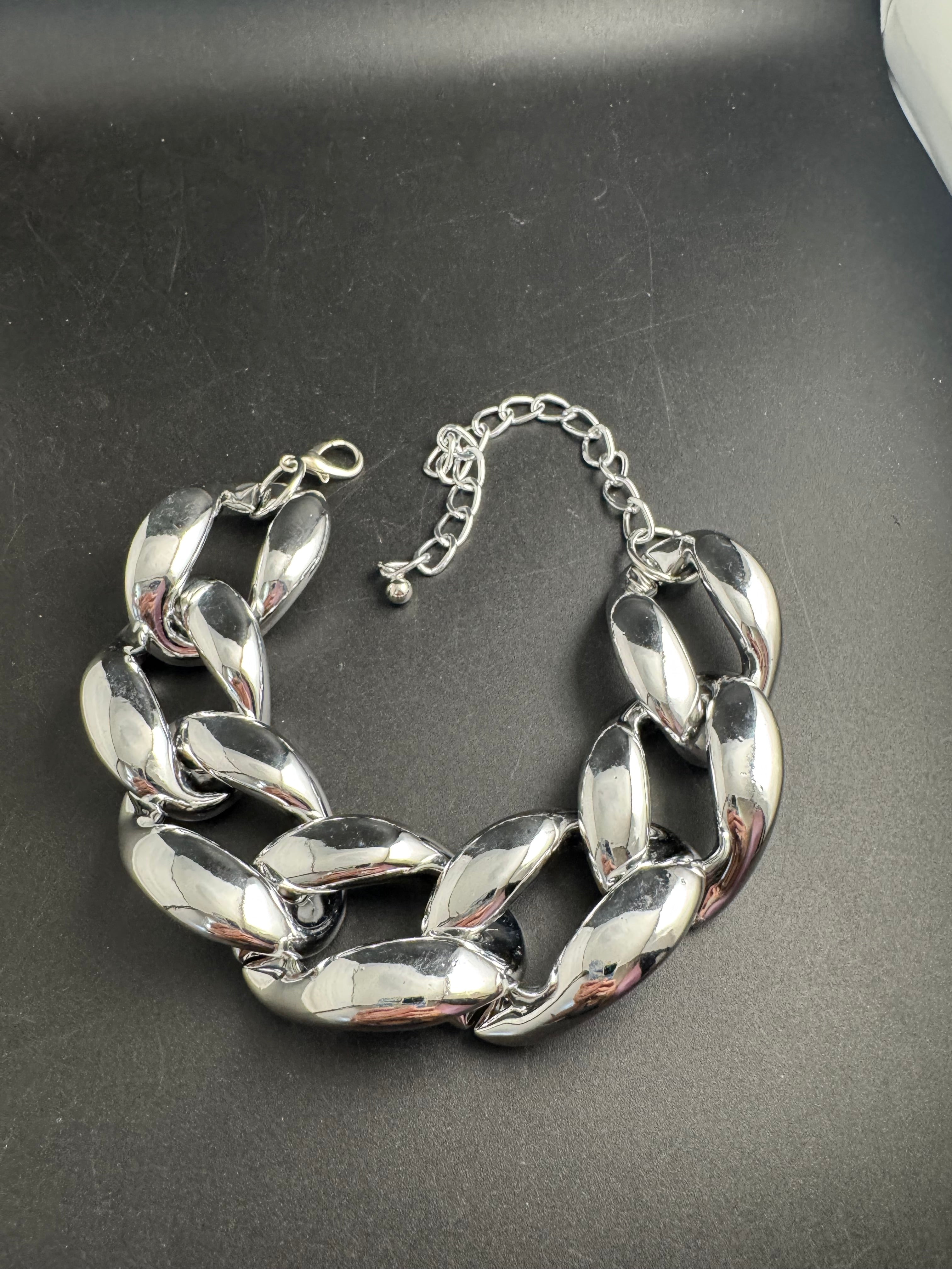 Chunky silver acrylic curb link choker necklace, oversized statement jewellery