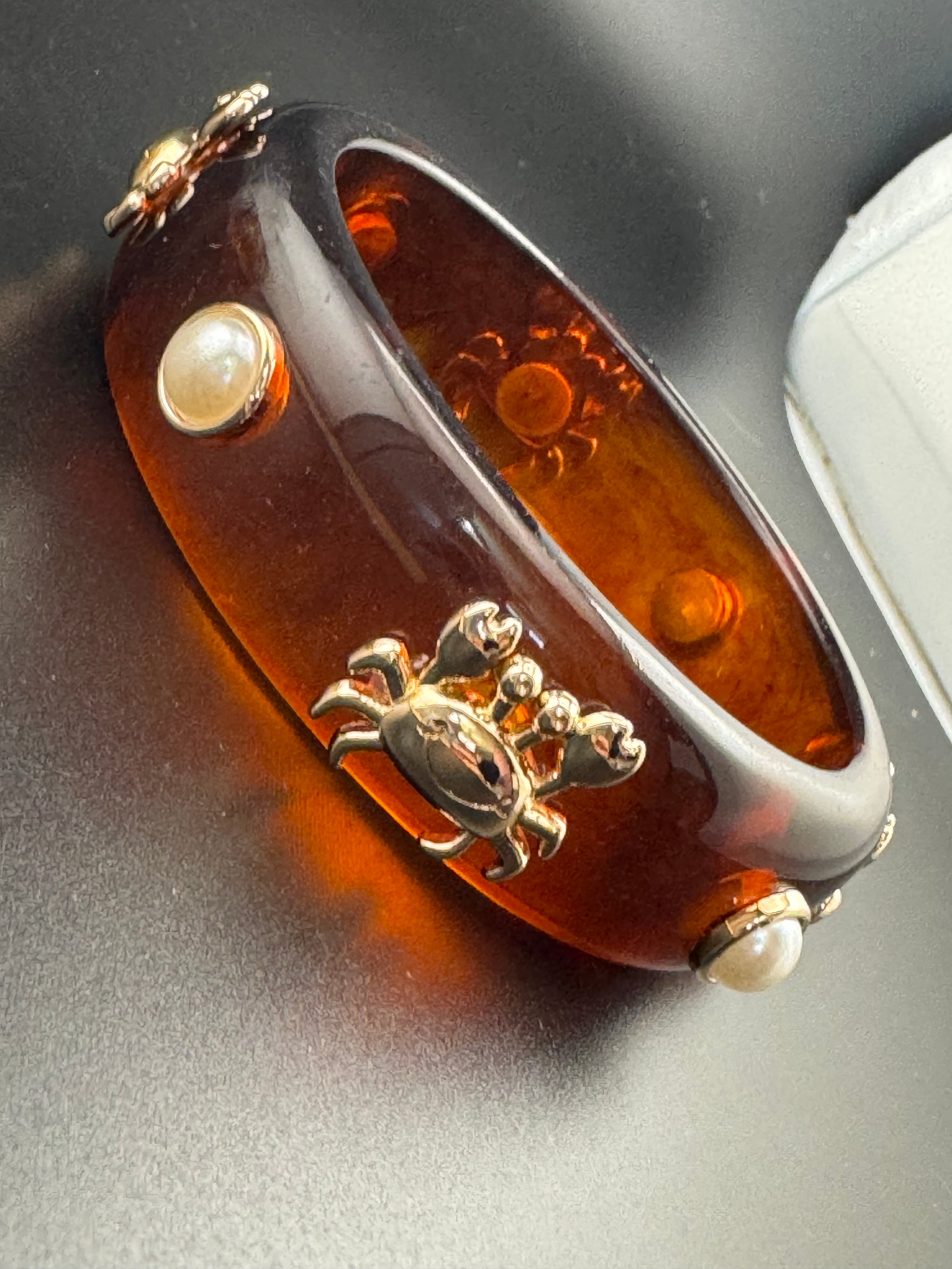Nautical gold crab faux tortoiseshell wide brown acrylic pearl plastic bangle bracelet