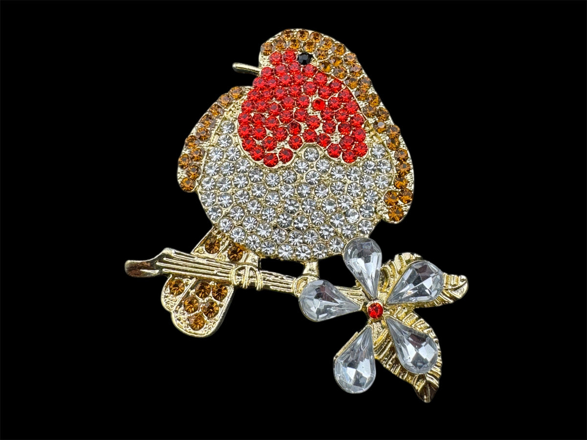 Rhinestone Christmas Robin brooch, brown clear and red crystal, festive jewellery