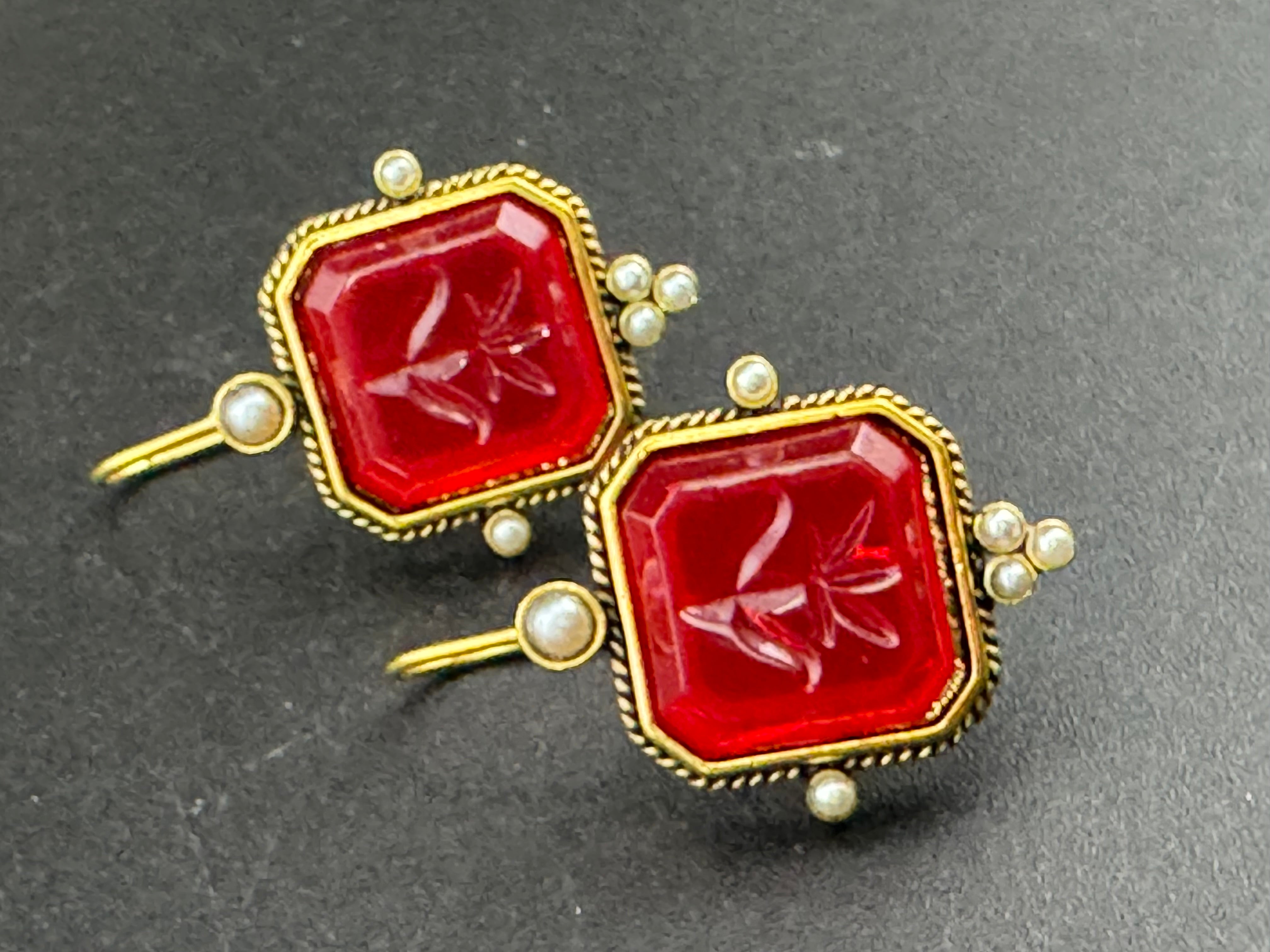 Victorian style emerald ruby and sapphire seed pearl drop earrings