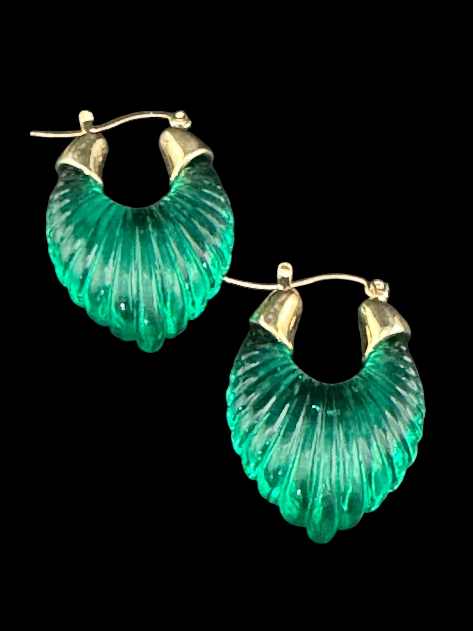 Emerald green clear acrylic gold tone pierced drop earrings
