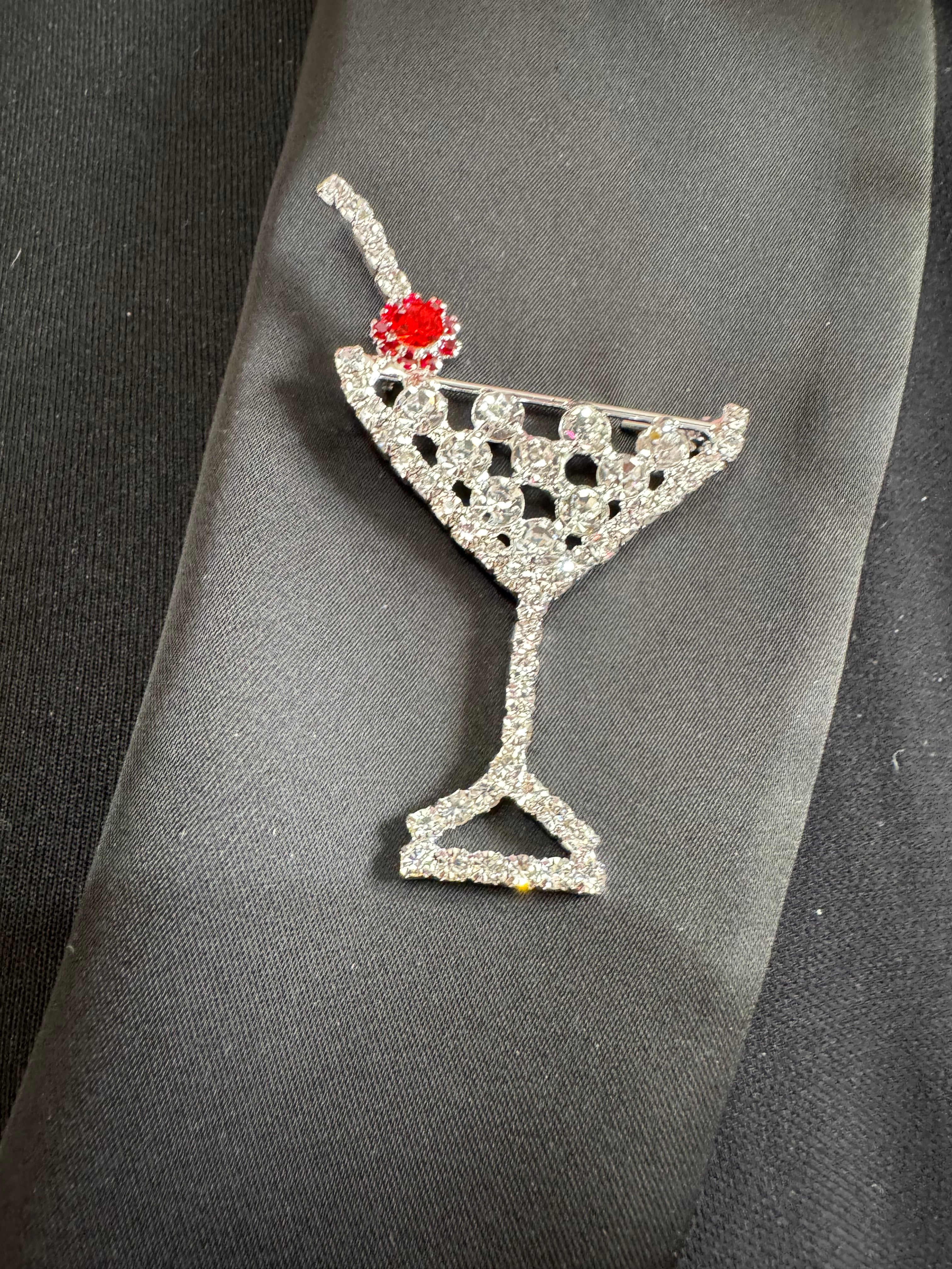 Champagne cocktail glass with red cherry diamanté Crystal brooch silver tone