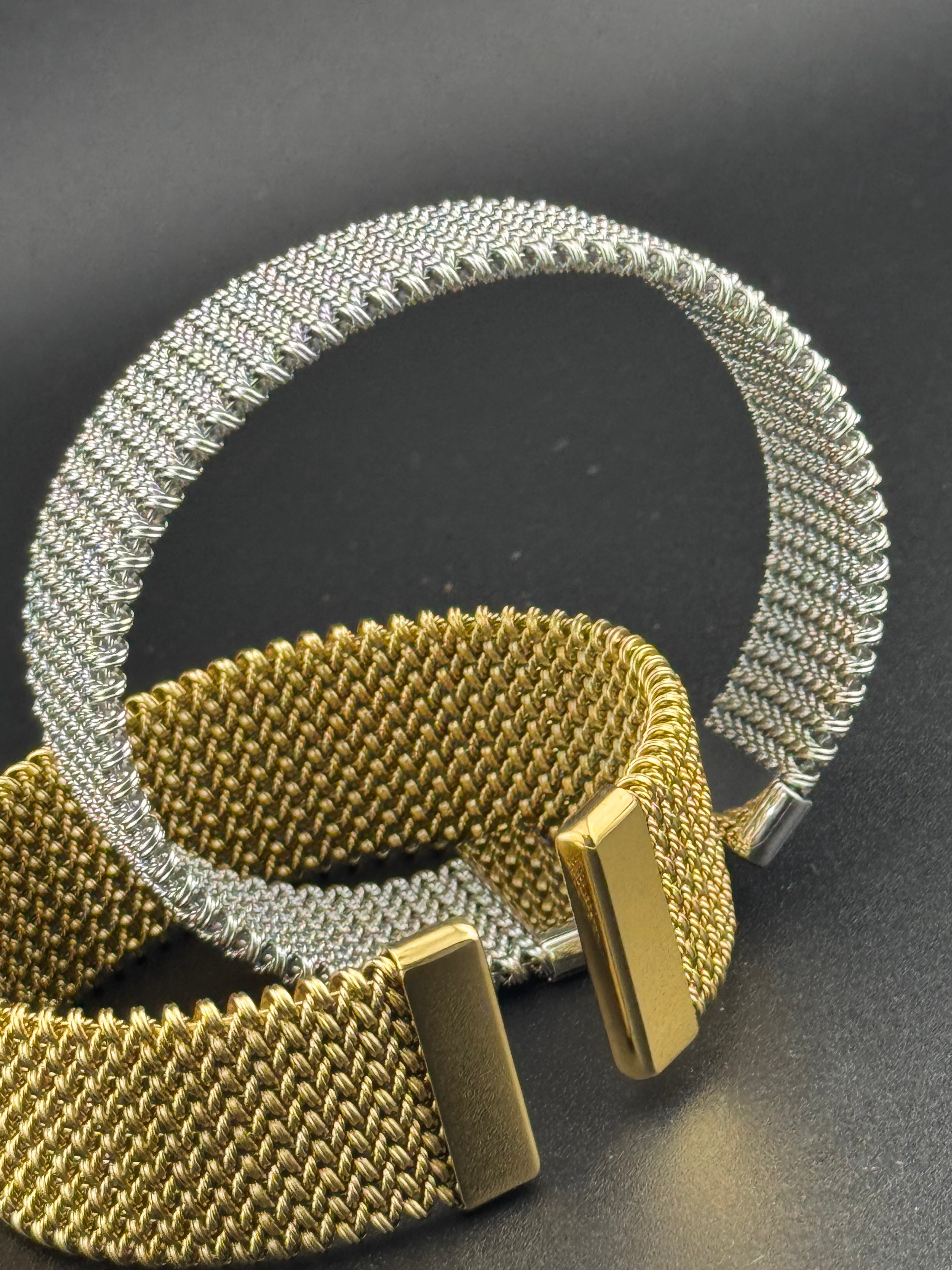 Wide silver toned mesh link open bangle bracelet vintage style