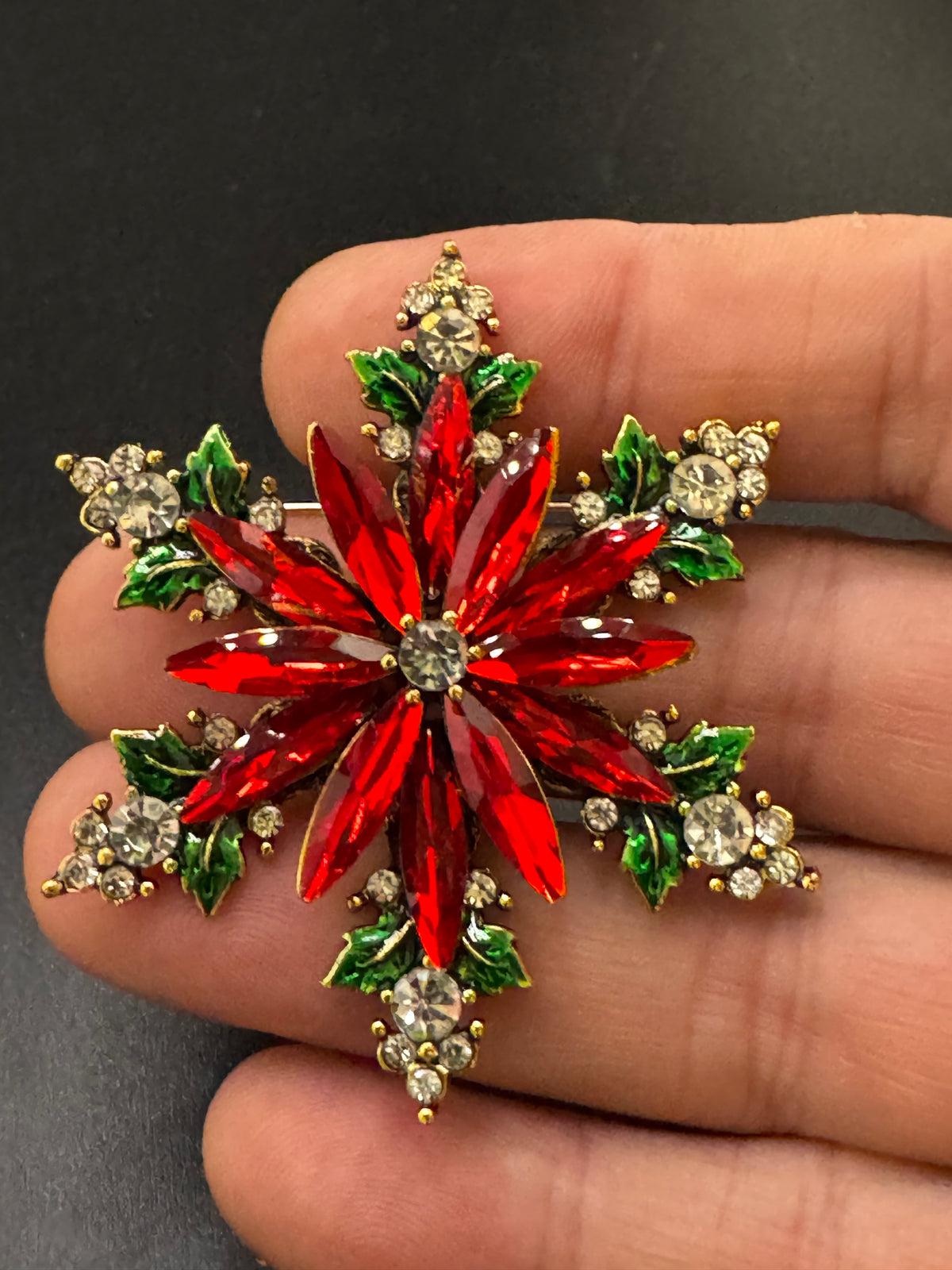 Christmas poinsettia rhinestone flower brooch, red ,green and gold tone festive jewellery