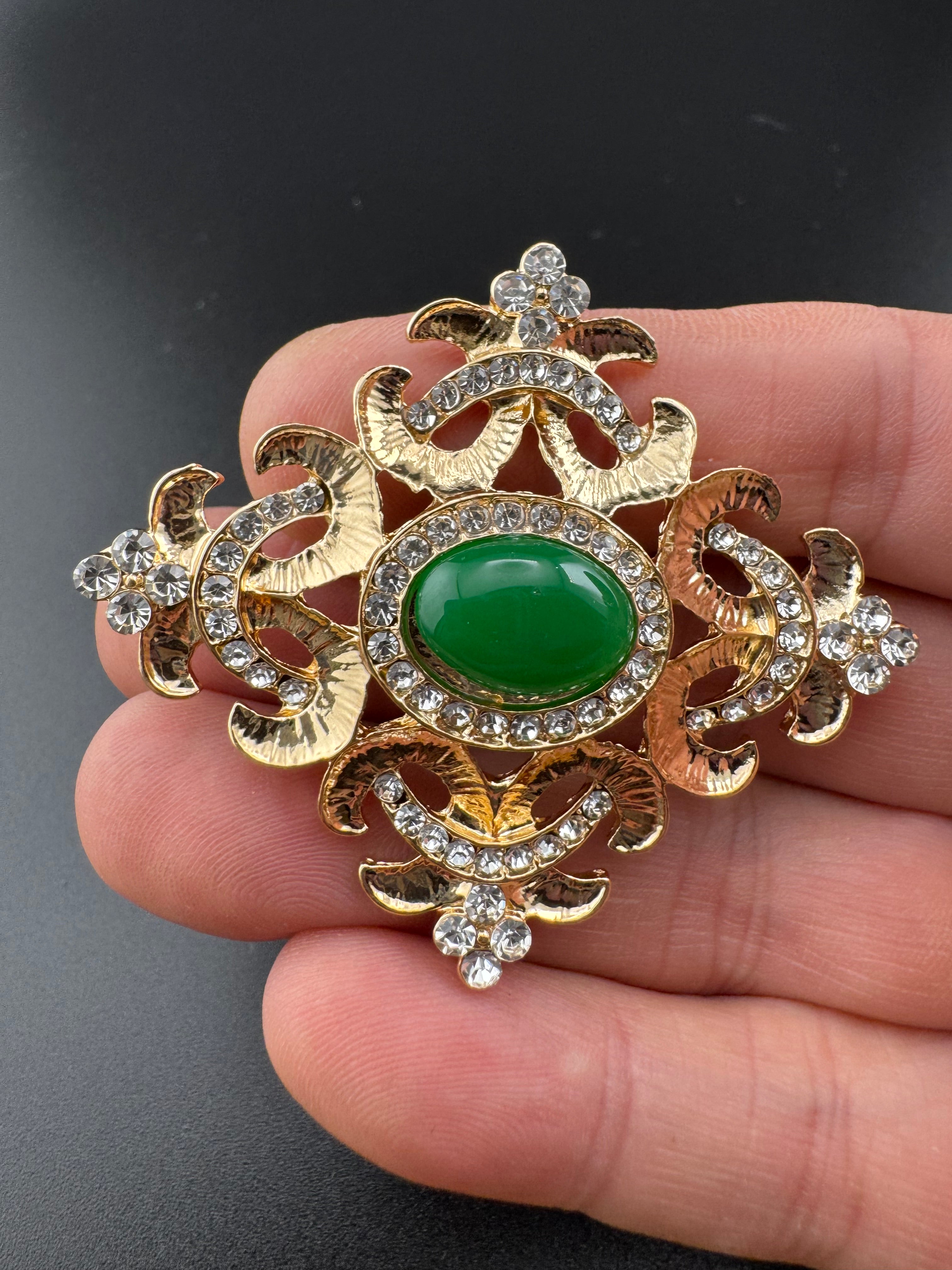 Statement Medieval style gold emerald cabochon rhinestone cross brooch