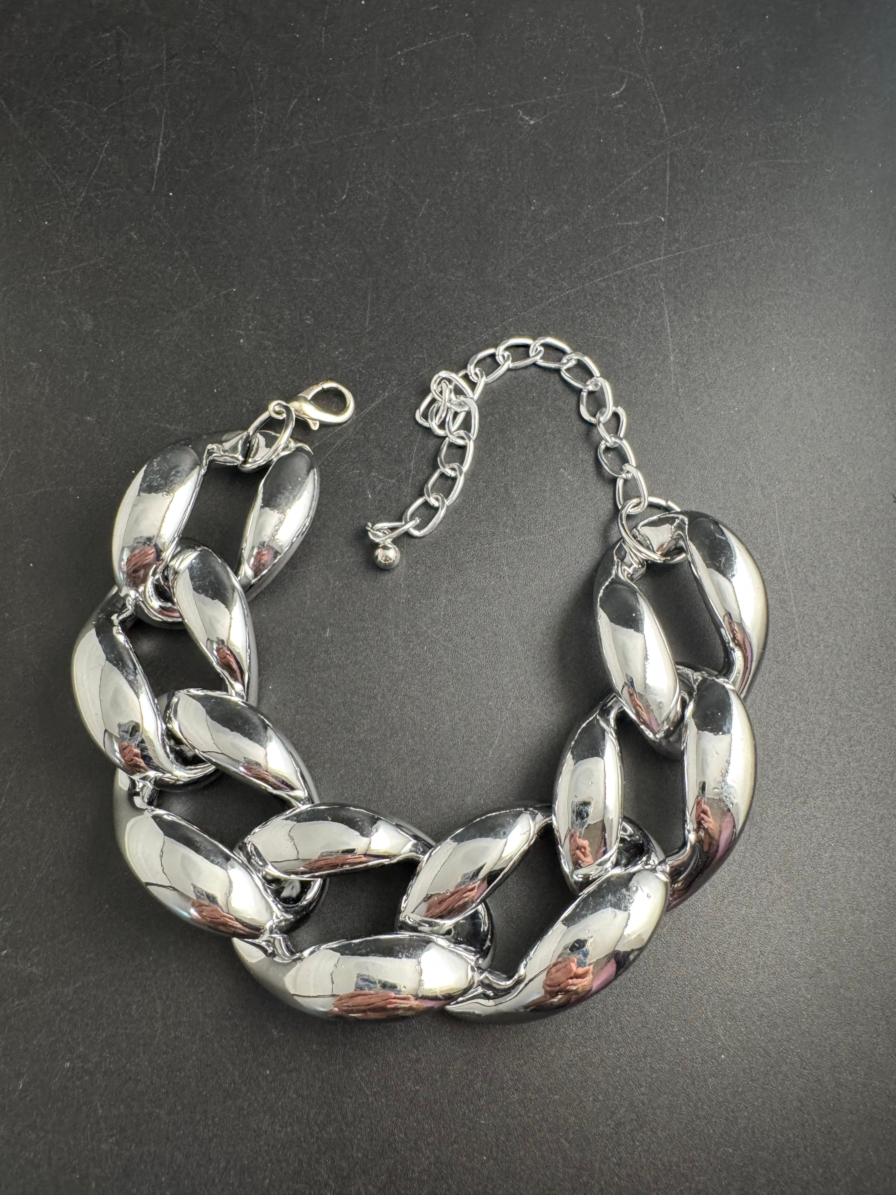 Chunky silver acrylic curb link choker necklace, oversized statement jewellery