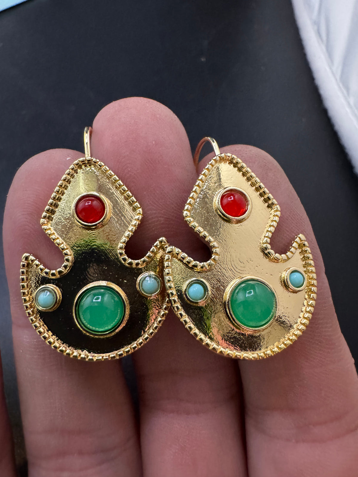 Etruscan style red and green cabochon drop earrings for pierced ears