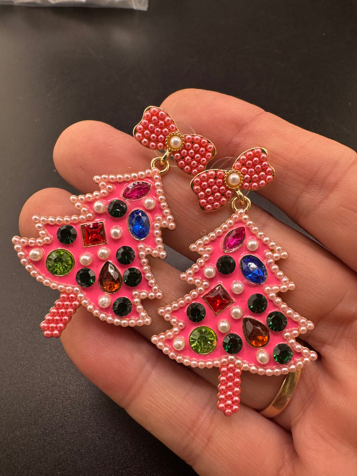 Oversized pink Christmas tree dangly earrings for pierced ears