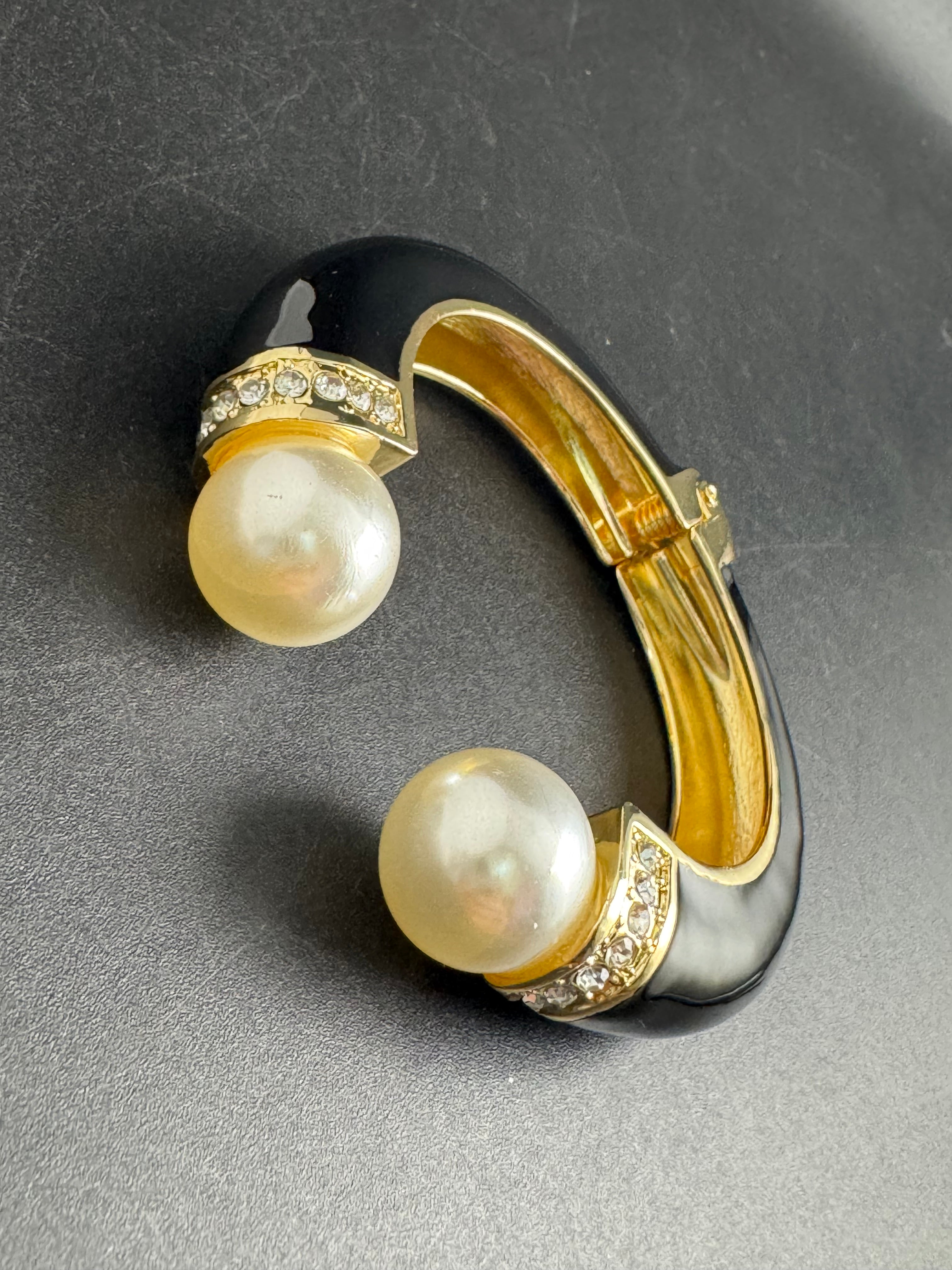Classic black enamel Crystal clamper Bangle with pearl ball ends