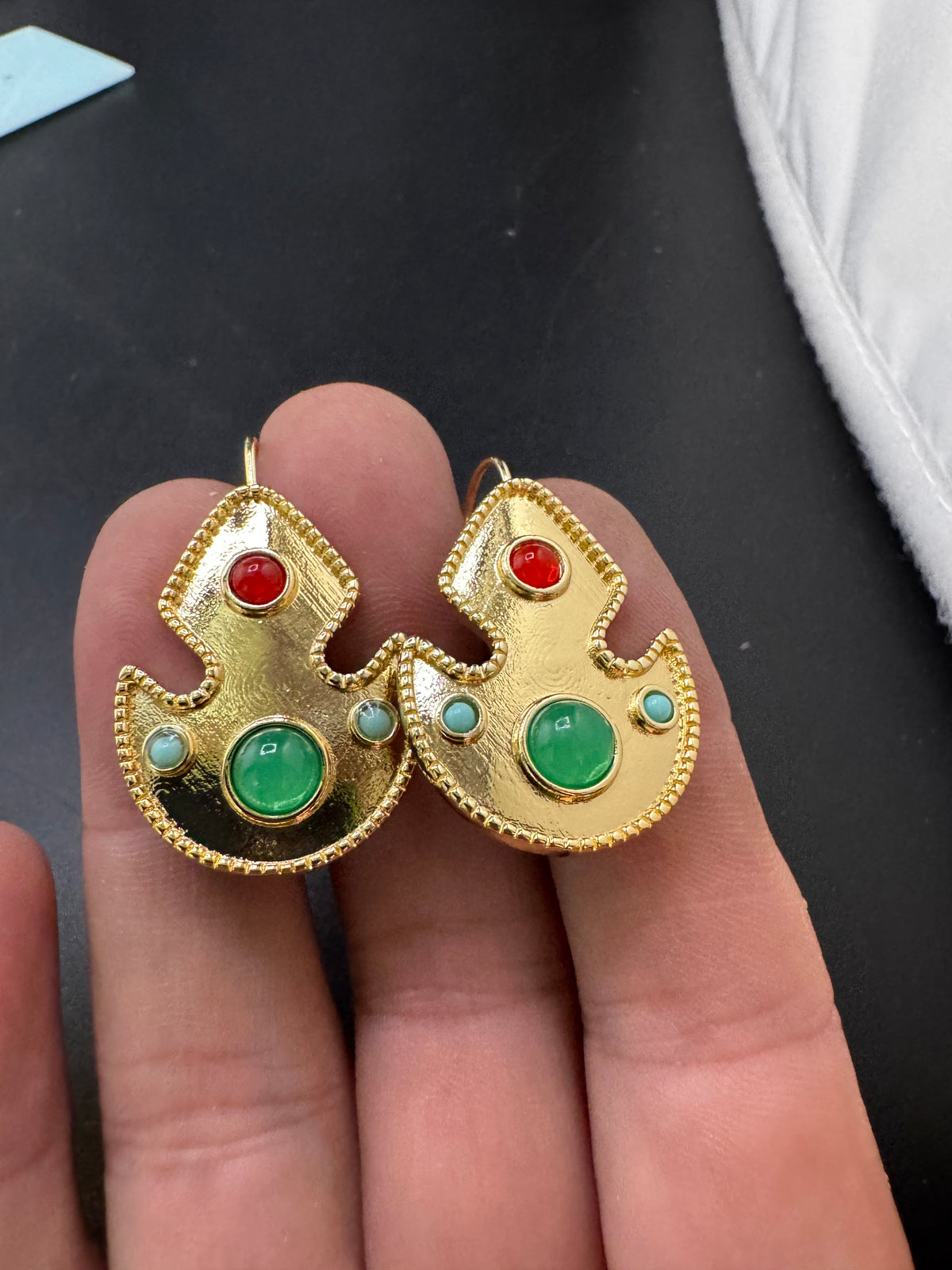 Etruscan style red and green cabochon drop earrings for pierced ears