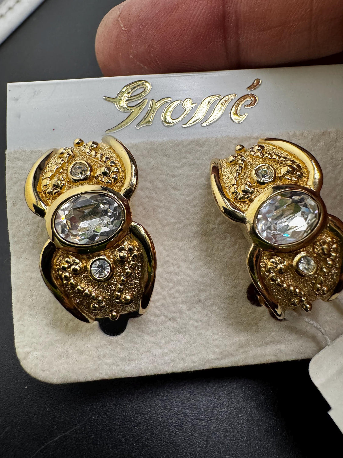 Vintage Grosse Clip Earrings, Gold Plated Rhinestone Half Hoop, 3 Cm