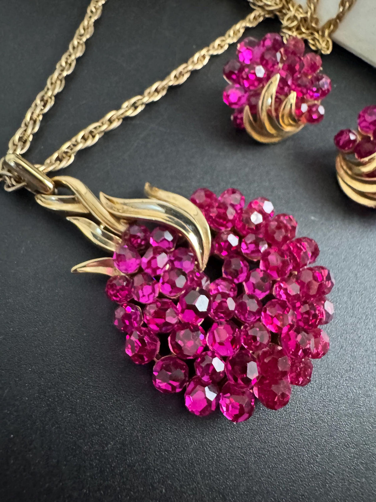 Vintage Trifari Jewelry Set, Pink Briolette Pendant Clip Earrings