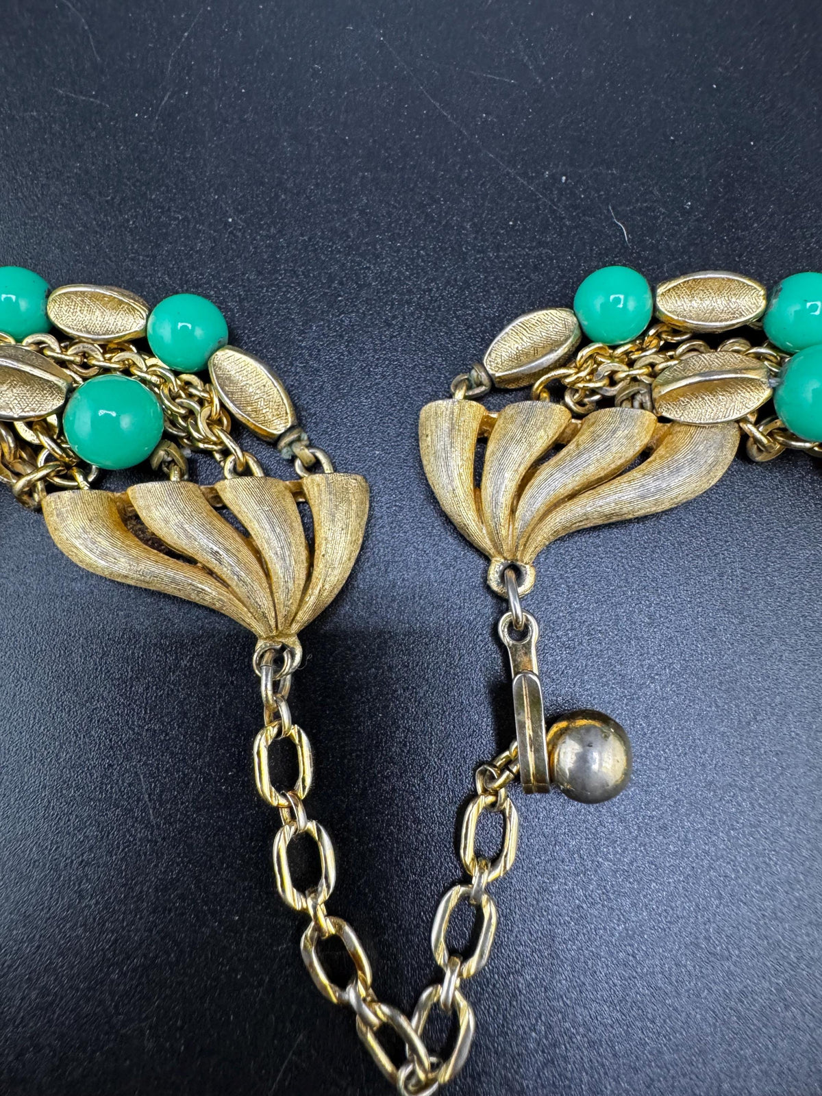 Vintage Crown Trifari Necklace, Green Beaded Multistrand, 1950s