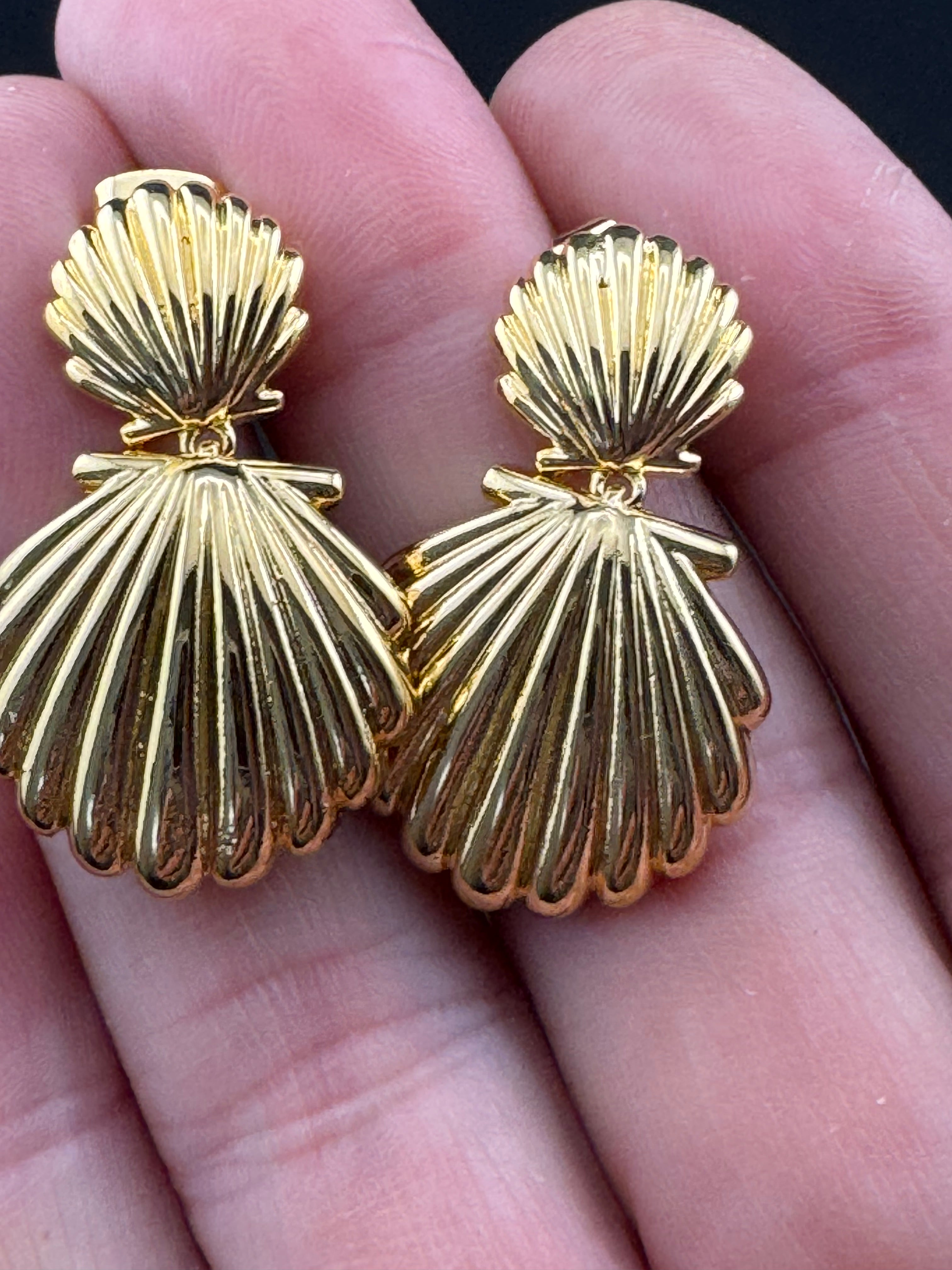 Nautical Gold seashell drop earrings , pierced door knocker hinged