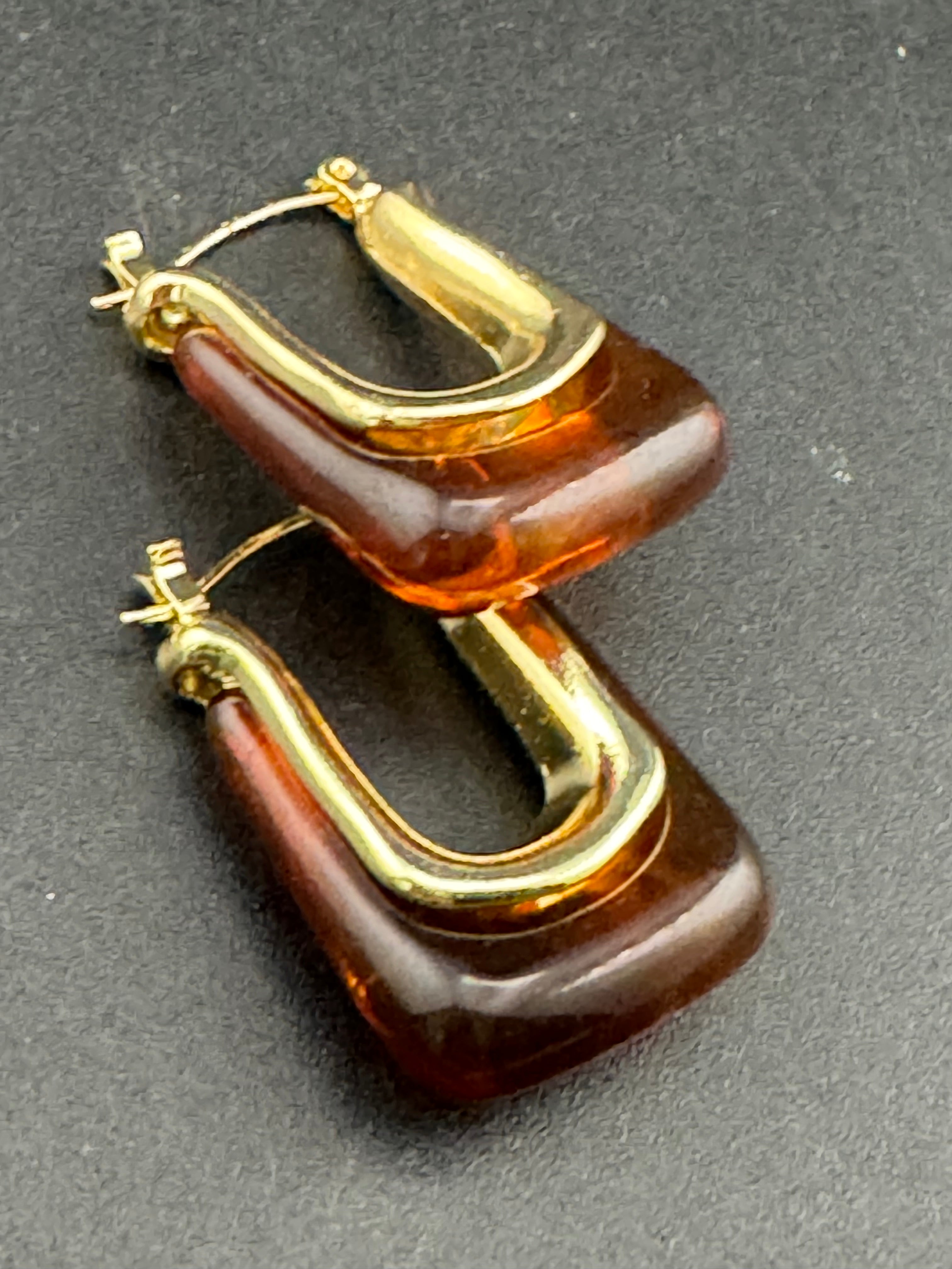 Brown acrylic gold tone pierced rectangular drop hoop earrings