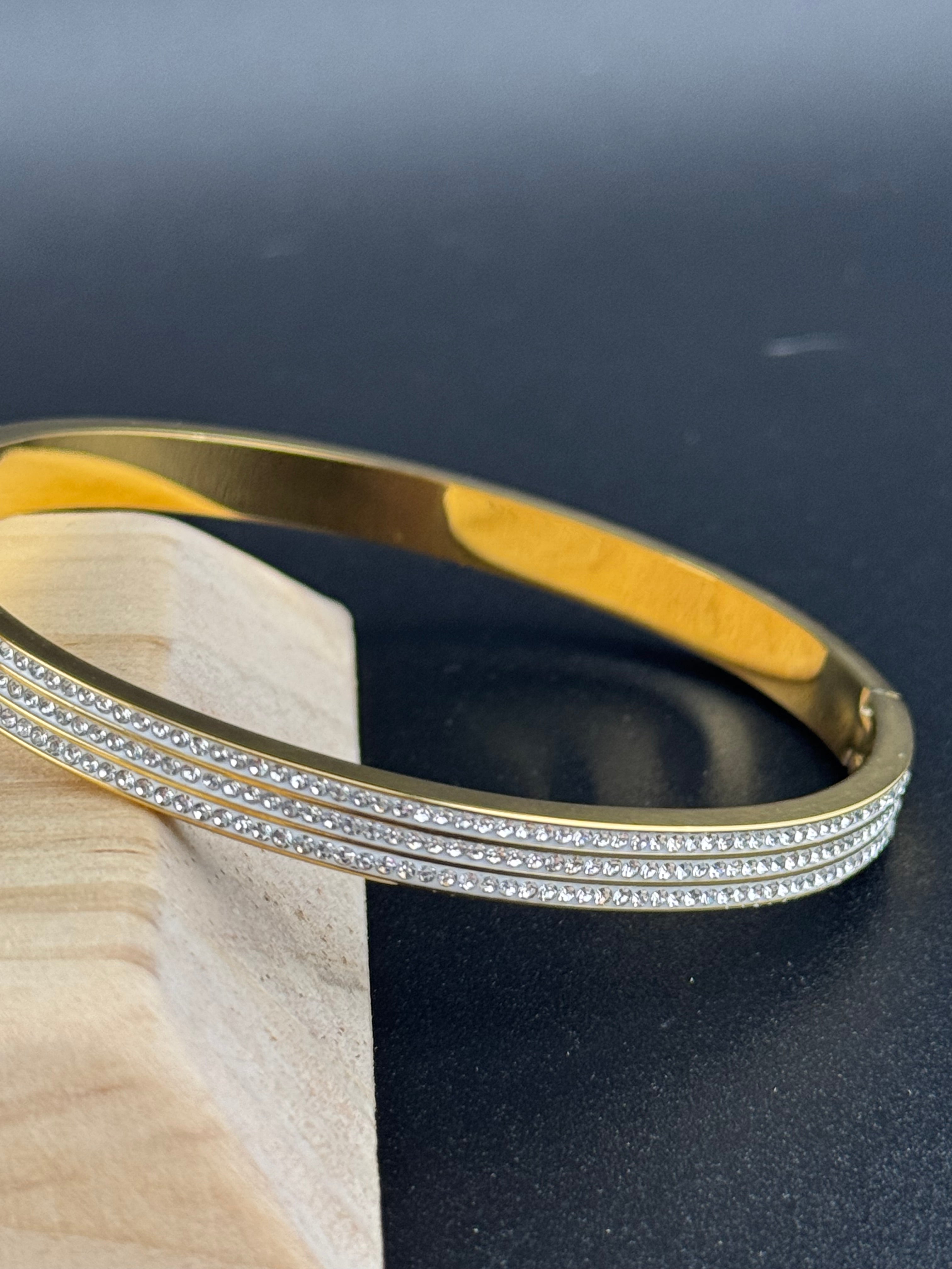 Gold plated high end triple channel set wide clear CZ Crystal hinged clamper bangle bracelet