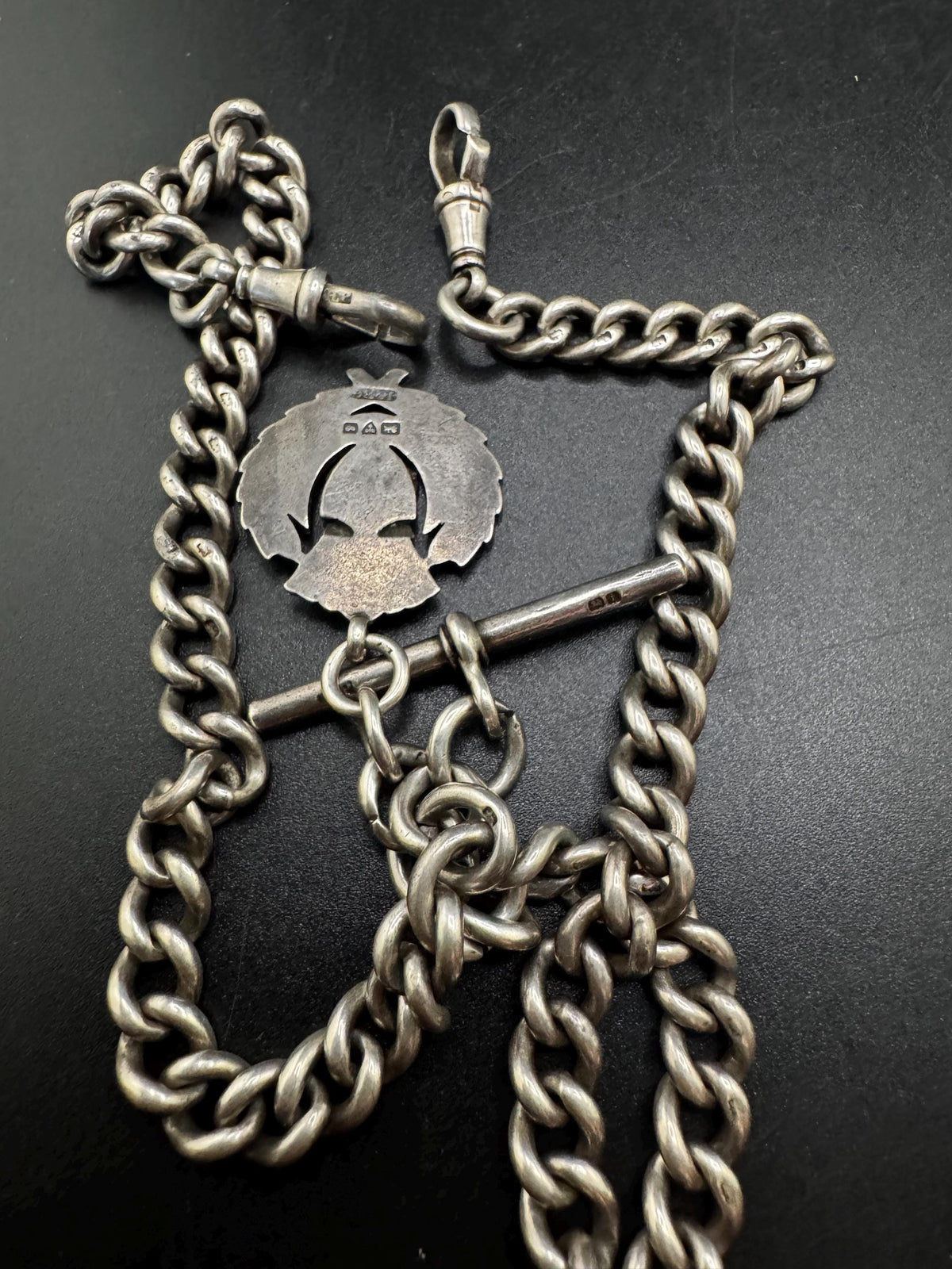 Antique Silver Albert Chain, 925 Sterling Double Watch Chain 41Cm