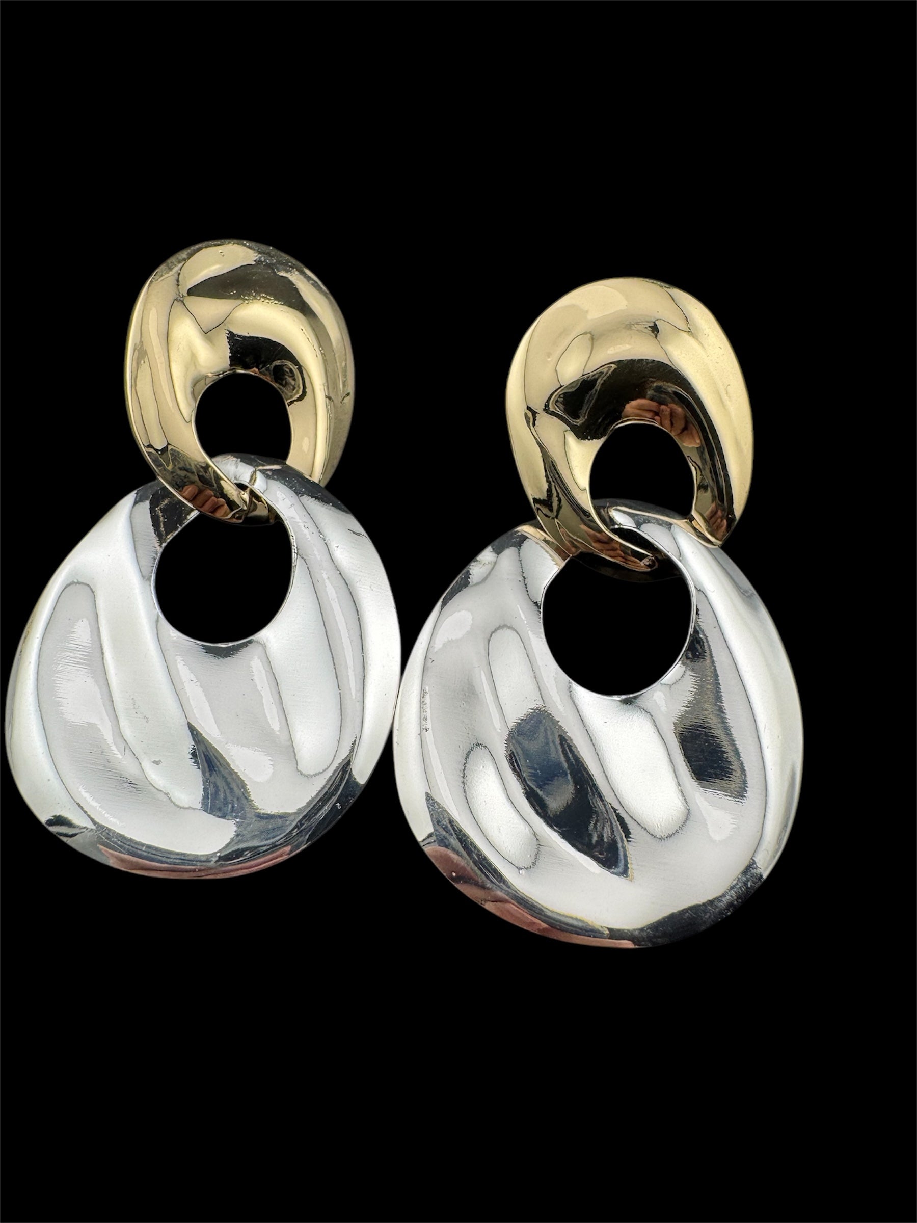 80s style silver and gold tone oversized door knocker clip on earrings