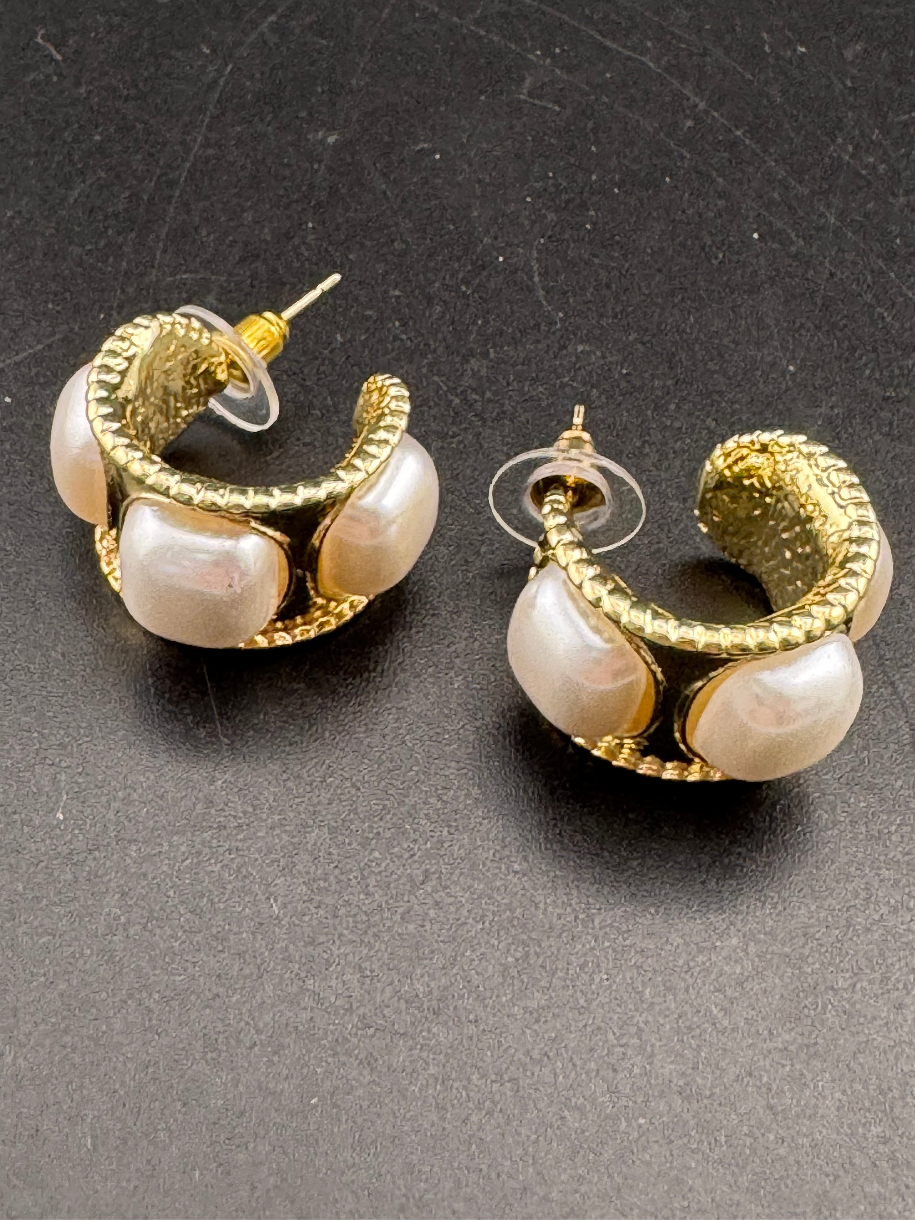 Etruscan style pearl wide hoop earrings